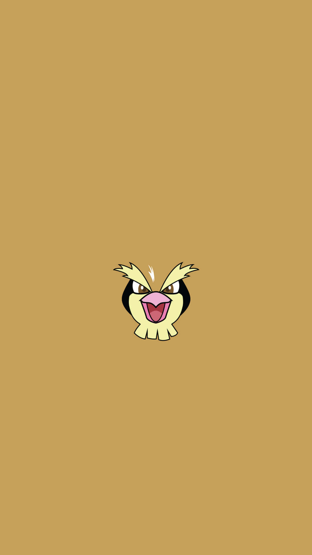 Pokemon Characters 桌布 壁紙 — 一隻卡通風格、黃色、像鳥一樣的精靈寶可夢，帶著憤怒的眼神和張開的喙，在純色棕褐色背景上強烈凝視。