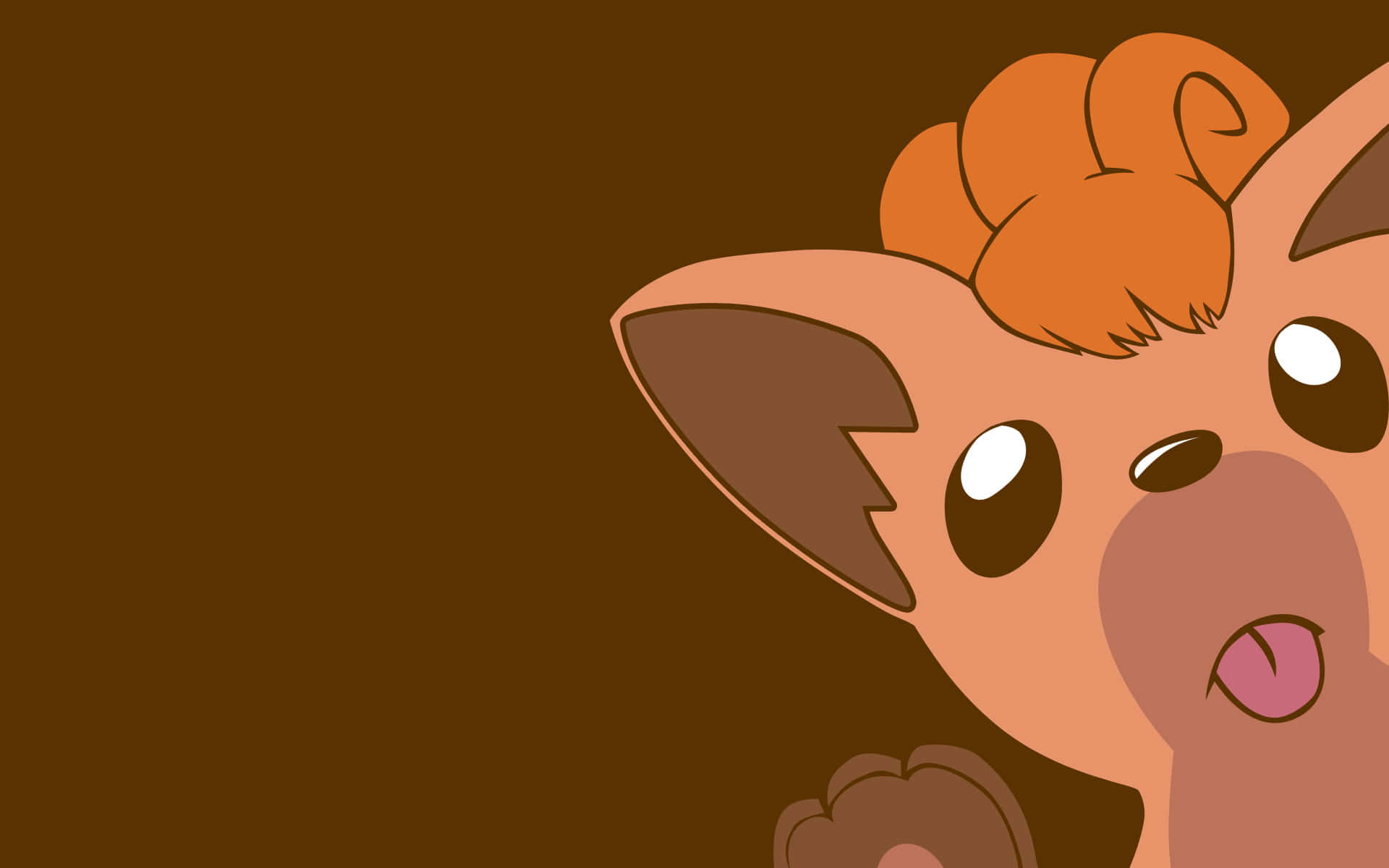 Kawaii Fox 桌布 壁紙 — 一隻卡通風格的伊貝從右邊探出頭來，睜大眼睛，頑皮地伸出舌頭，背景為純棕色。