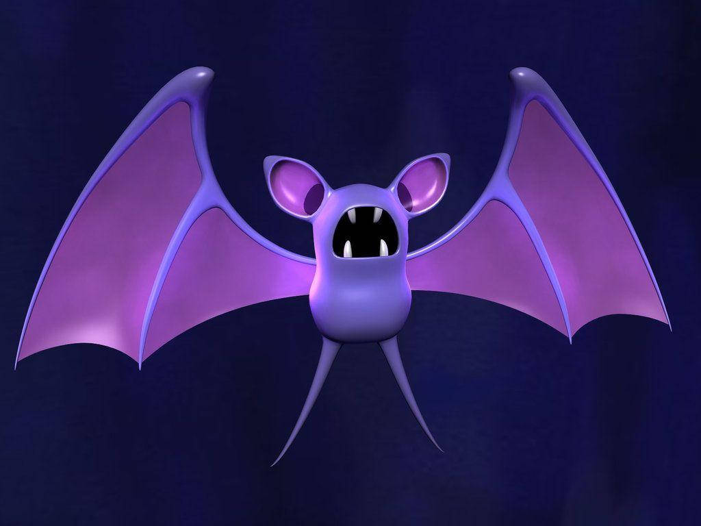 3D Zubat 壁紙 — 一隻卡通風格的紫色蝙蝠，擁有寬大的翅膀和鋒利的尖牙，在深藍色背景上怒視著。
