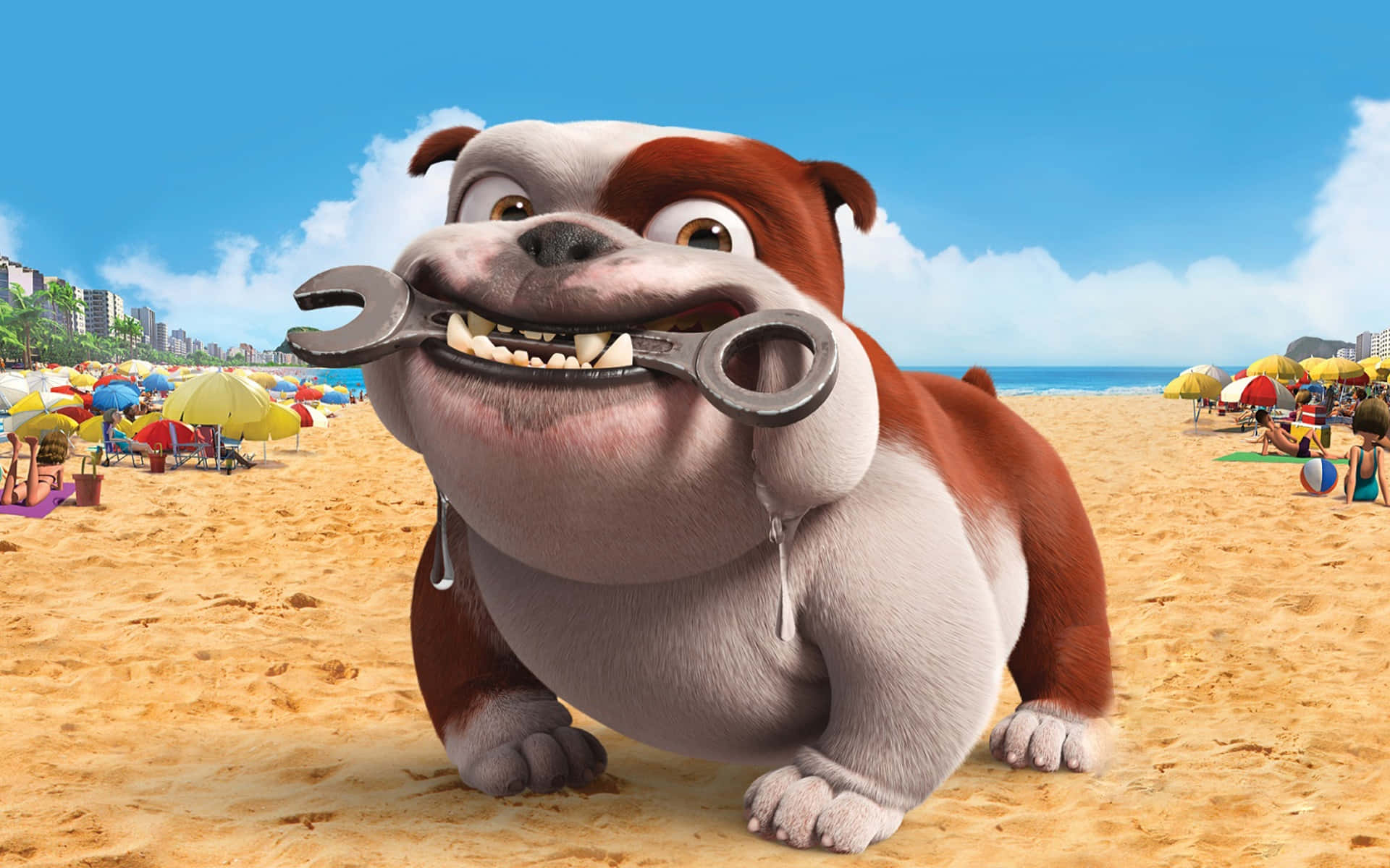 Cute Animations 桌布 壁紙 — 一隻卡通鬥牛犬嘴裡叼著扳手，站在陽光明媚的海灘上，背景是色彩繽紛的遮陽傘和海洋。