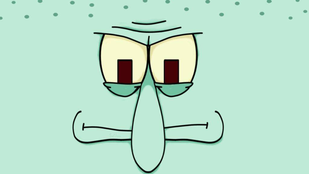 Sad Squidward 桌布 壁紙 — 一隻卡通魷魚，長鼻子，憤怒的眼睛，在薄荷綠色圓點背景前凝視。