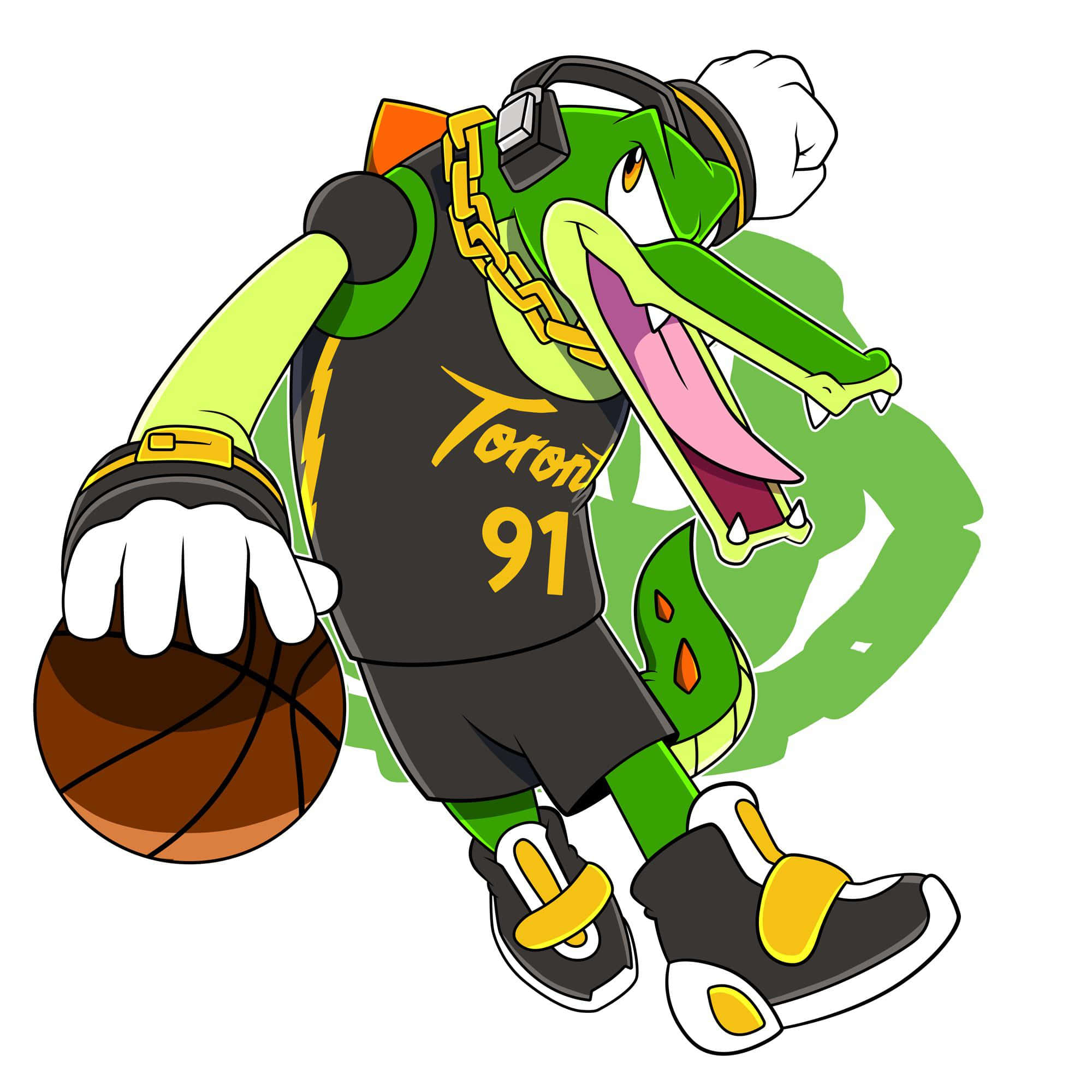 Vector The Crocodile 桌布 壁紙 — 一隻卡通鱷魚穿著多倫多91號球衣，戴著耳機和一條金鏈運籃球。