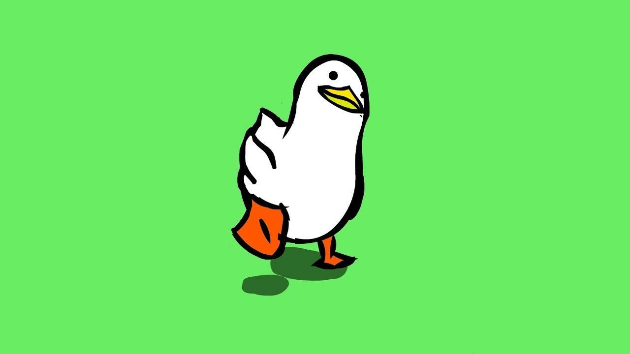 Duck 桌布 壁紙 — 一隻卡通鴨子，有橙色的腳和喙，站在明亮的綠色背景上，投下微妙的陰影。