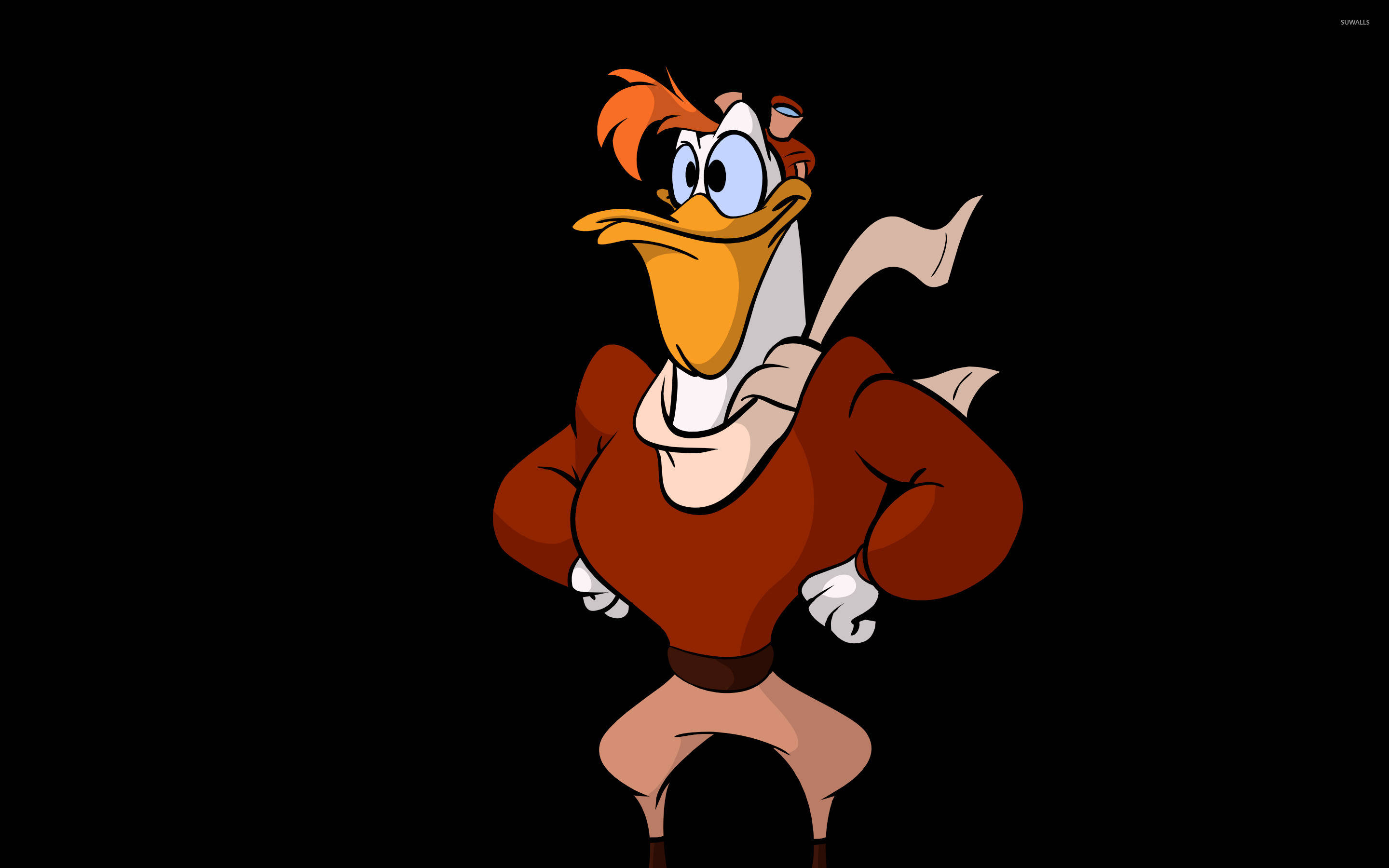 DuckTales Launchpad McQuack 壁紙 — 一隻卡通鴨子，橙色頭髮，藍色眼睛，自信地穿著紅色襯衫，站在黑色背景前。