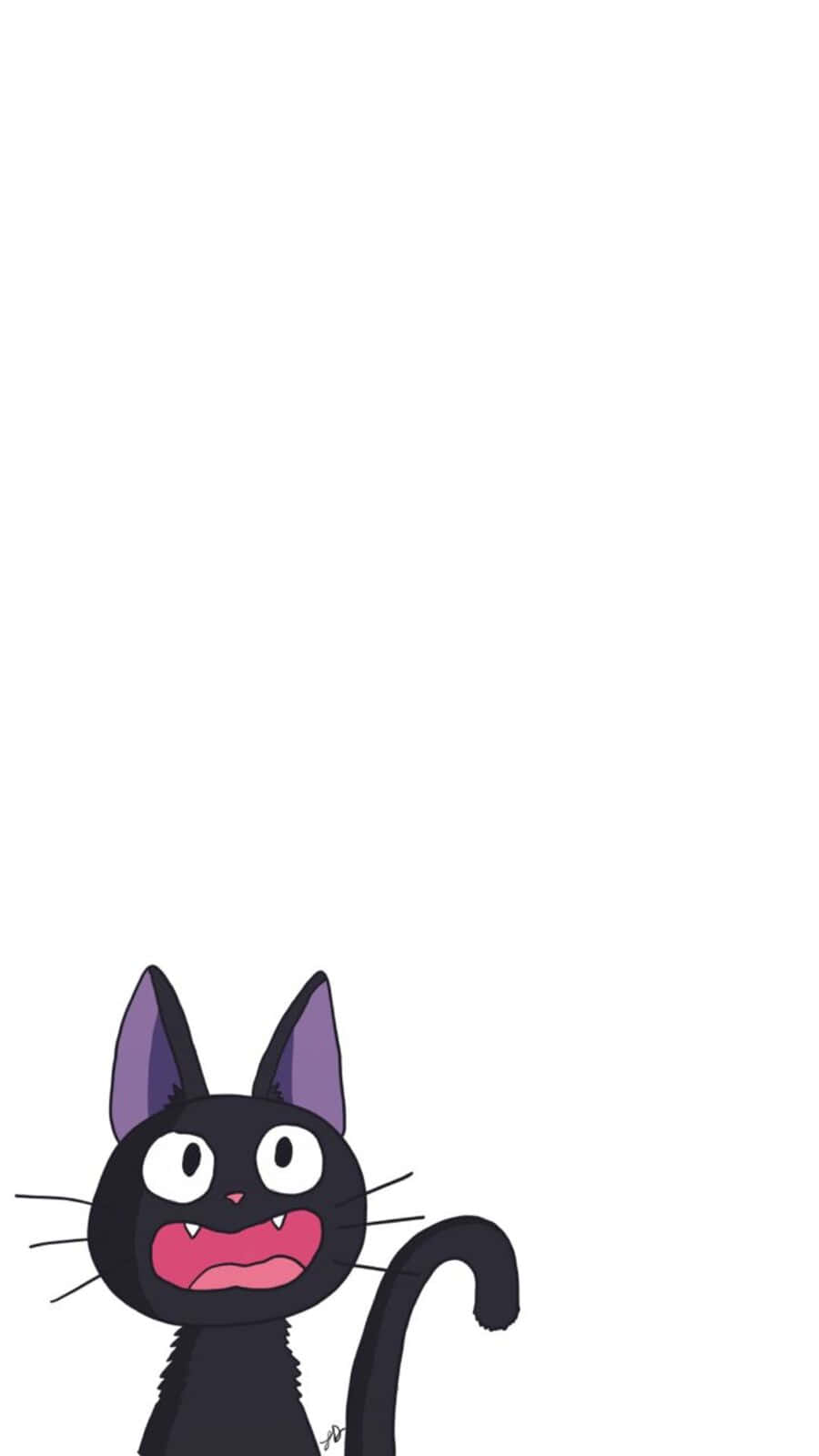 Jiji Cat 桌布 壁紙 — 一隻卡通黑貓，長著紫色耳朵，咧嘴大笑，從純白背景的底部探出頭來。