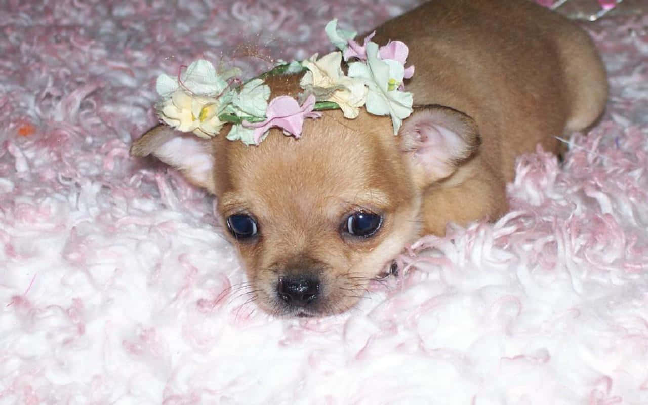 一隻戴著花冠的小芝娃娃幼犬，躺在毛絨絨的粉紅色地毯上。