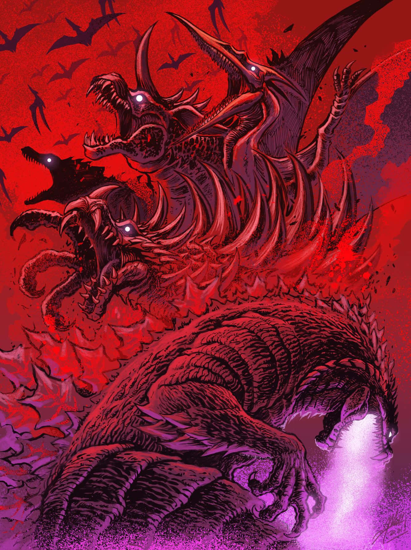 Godzilla Vs Rodan 桌布 壁紙 — 一隻可怕的三頭龍，眼睛發光，擁有蝙蝠般的翅膀，對著血紅色的天空咆哮。