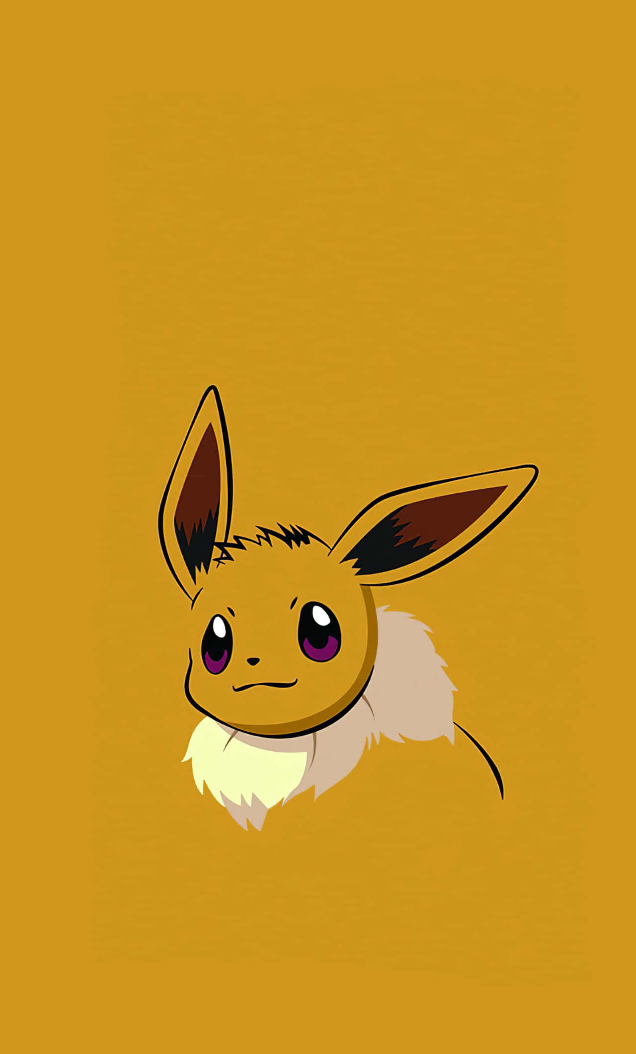Pokemon Aesthetic Eevee's Evolution 壁紙 — 一隻可愛嘅卡通伊貝從芥末黃色背景後面探出頭嚟，有大紫色眼睛同蓬鬆白色領圈。