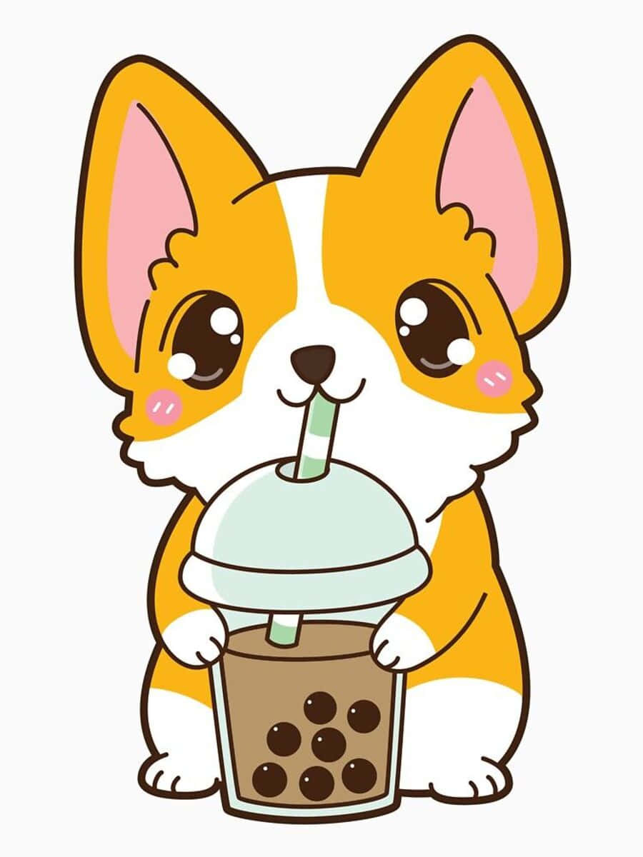 Kawaii Dog 桌布 壁紙 — 一隻可愛嘅卡通哥基犬，有大眼睛，用兩隻爪捧住杯，透過飲管飲緊珍珠奶茶。