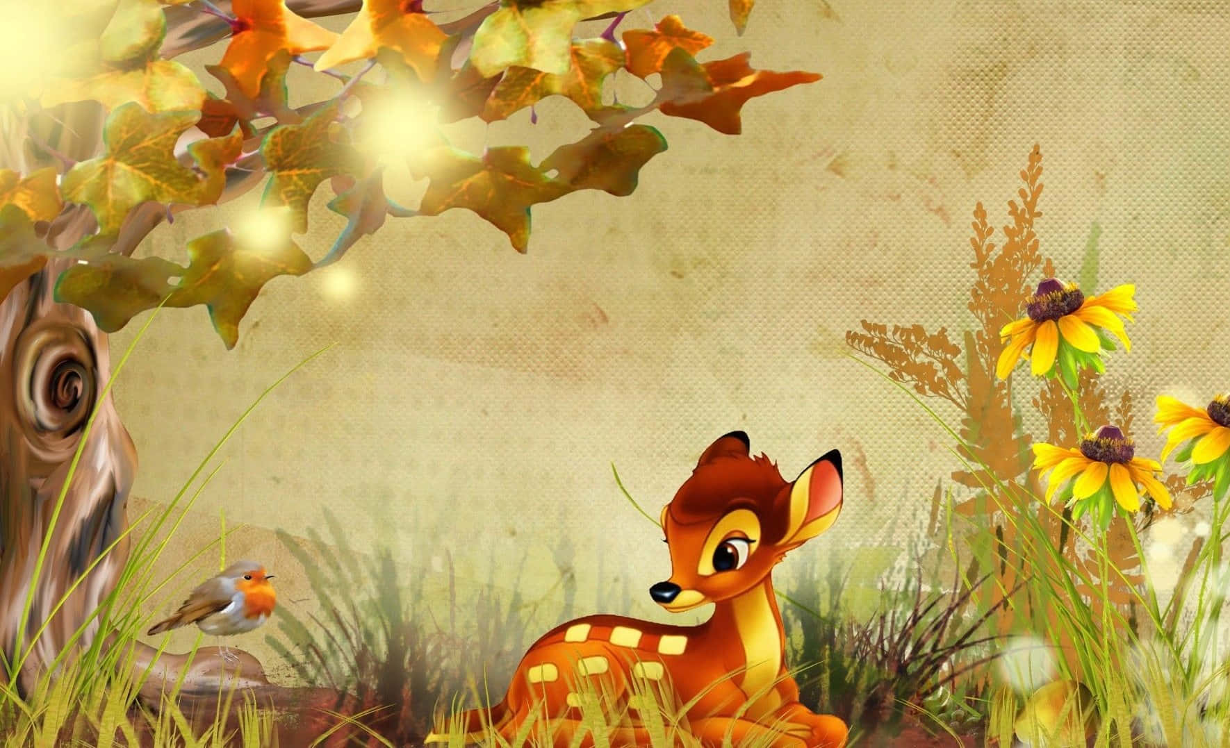 Aesthetic Disney 桌布 壁紙 — 一隻可愛嘅卡通小鹿，身上有白色斑點，坐喺高草叢中，喺秋天樹葉下面，附近有一隻知更鳥。