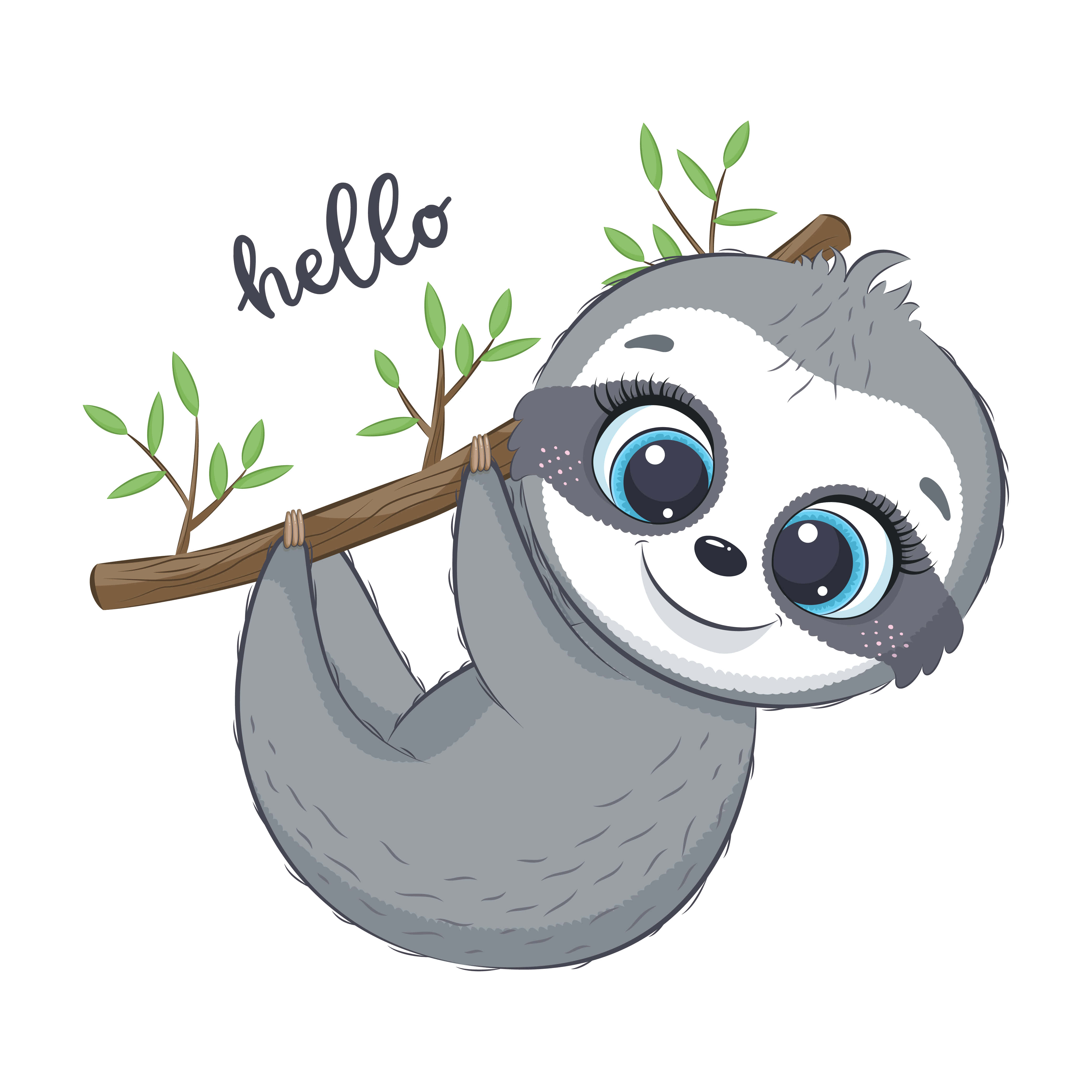 Kawaii Sloth 桌布 壁紙 — 一隻可愛嘅卡通樹懶，有大藍色眼睛，掛喺有綠色樹葉同手寫 hello 嘅樹枝上。