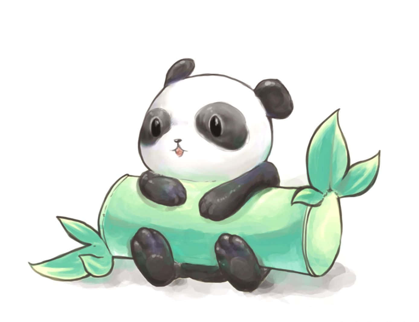 Kawaii Panda 桌布 壁紙 — 一隻可愛嘅卡通熊貓，有大眼睛，坐喺度攬住一條有葉嘅綠色竹莖。