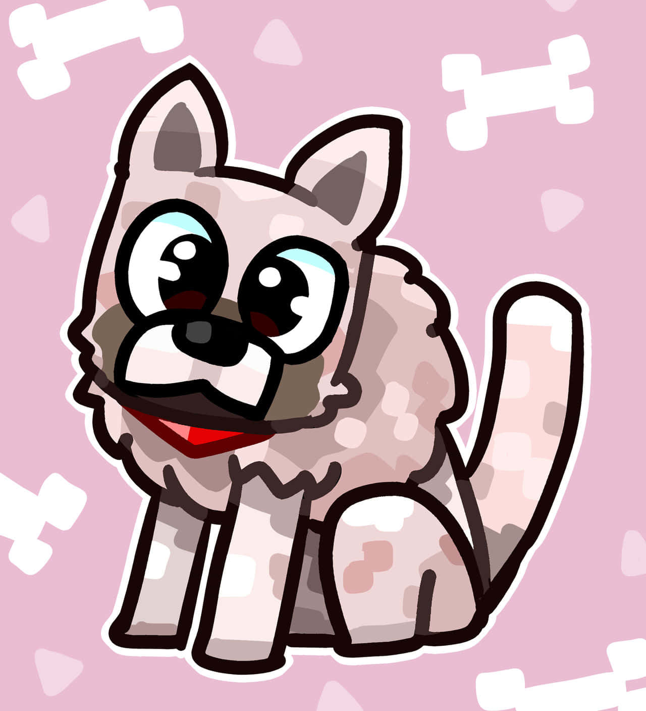 Minecraft Wolf 桌布 壁紙 — 一隻可愛嘅卡通狗，有大眼睛同紅色嘅舌頭，坐喺有白色骨頭圖案嘅粉紅色背景前面。