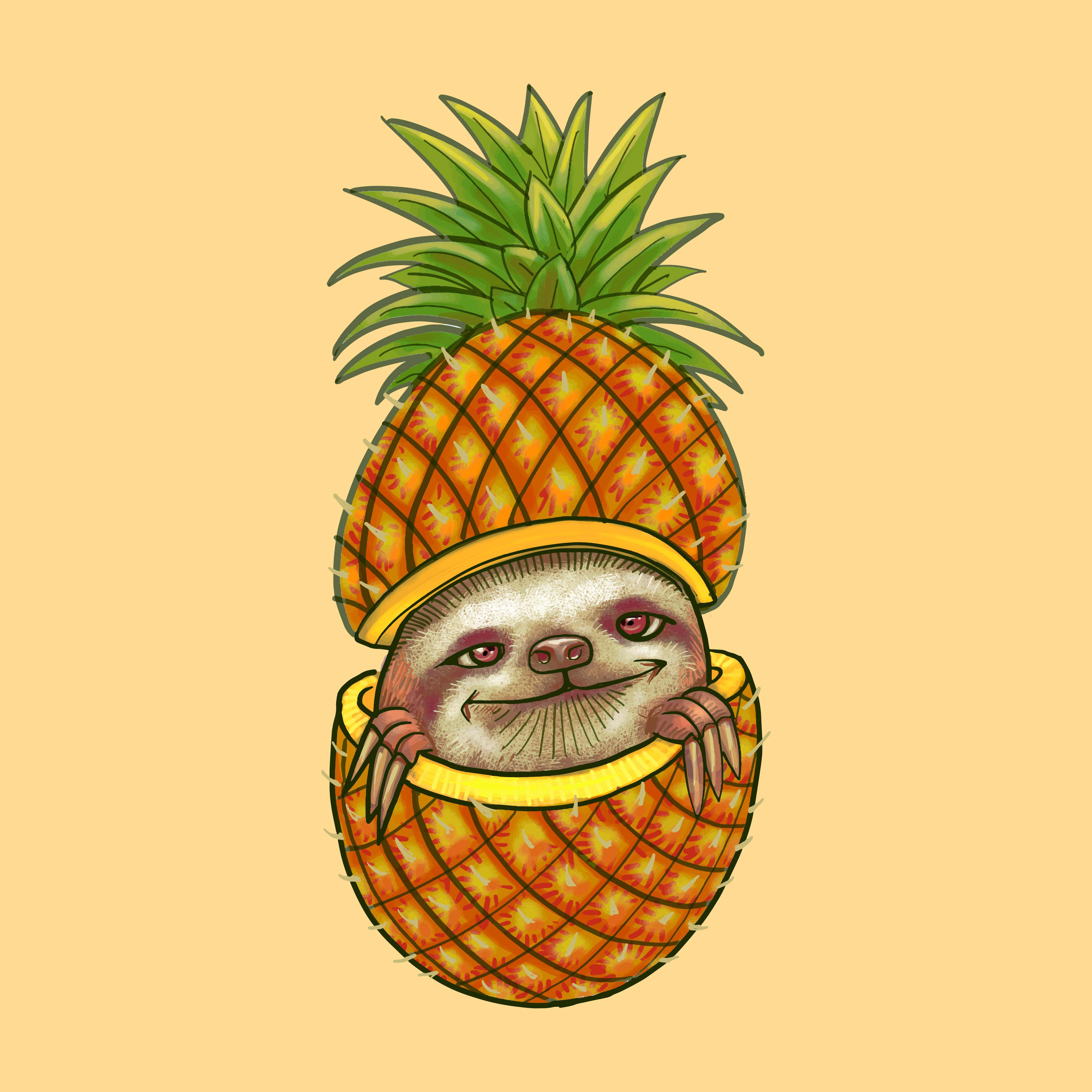 Kawaii Sloth 桌布 壁紙 — 一隻可愛嘅樹懶從菠蘿入面探出頭嚟，戴住相襯嘅菠蘿帽，背景係溫暖嘅黃色。