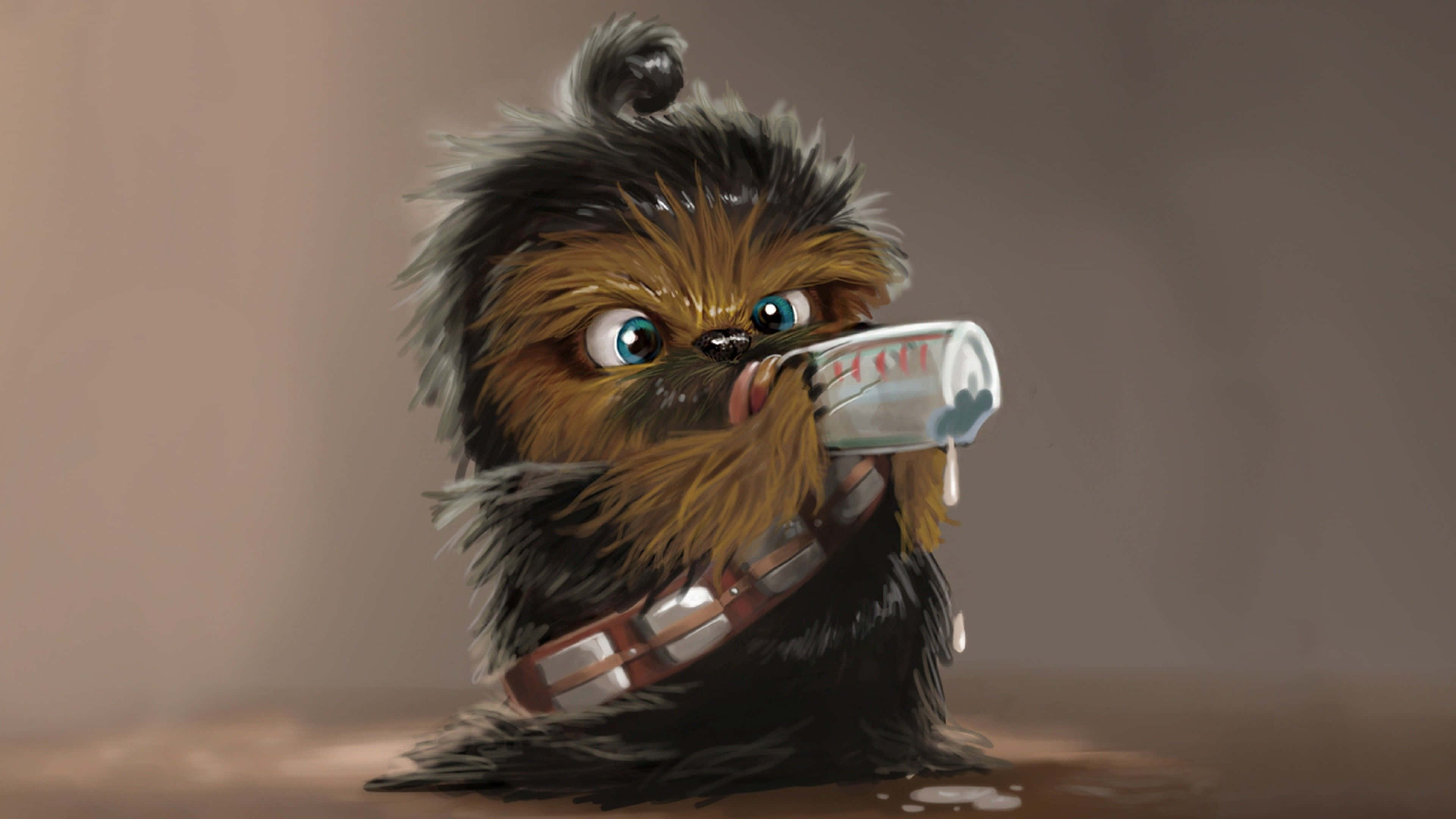 Wookiee 桌布 壁紙 — 一隻可愛嘅毛茸茸烏奇寶寶，有對大藍眼睛，戴住安全帶喺度飲奶樽。