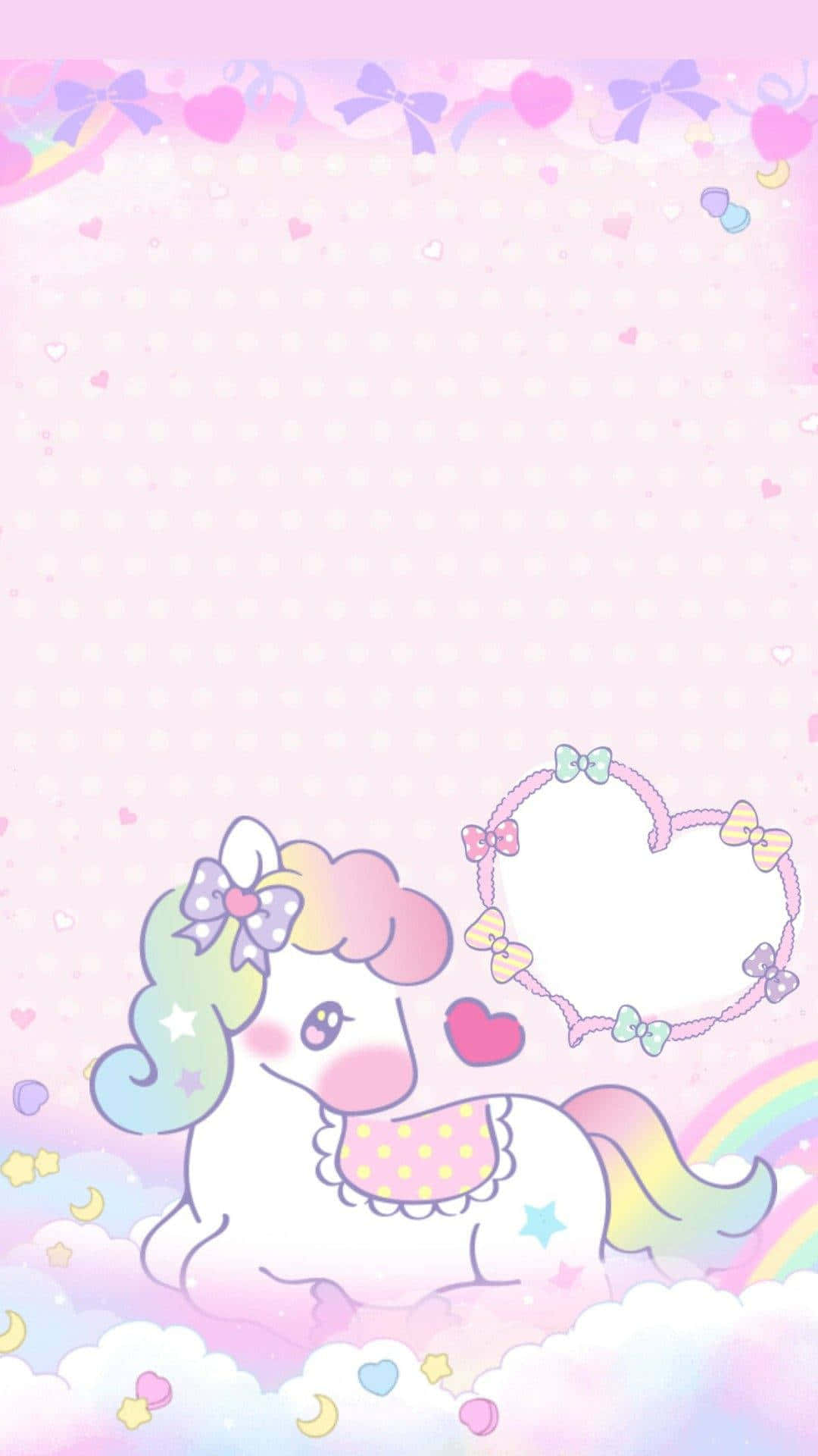 Pastel Unicorn 桌布 壁紙 — 一隻可愛嘅粉彩獨角獸，有彩虹鬃毛同蝴蝶結，坐喺 fluffy 雲上面，周圍有心形同蝴蝶結。