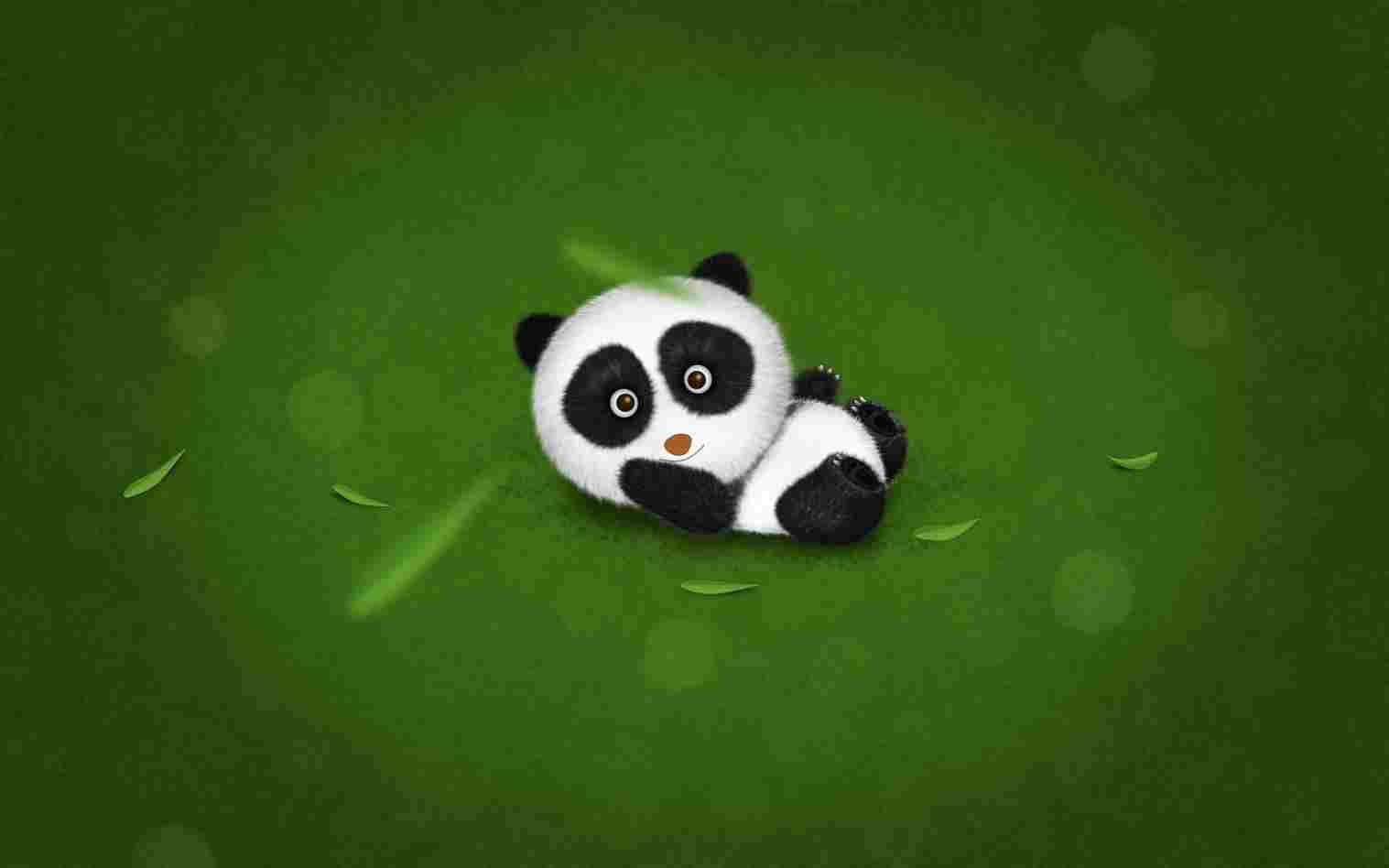 Kawaii Panda 桌布 壁紙 — 一隻可愛毛茸茸嘅熊貓BB蜷縮喺柔軟嘅綠色背景上，周圍有散落嘅樹葉同發光嘅散景燈光。
