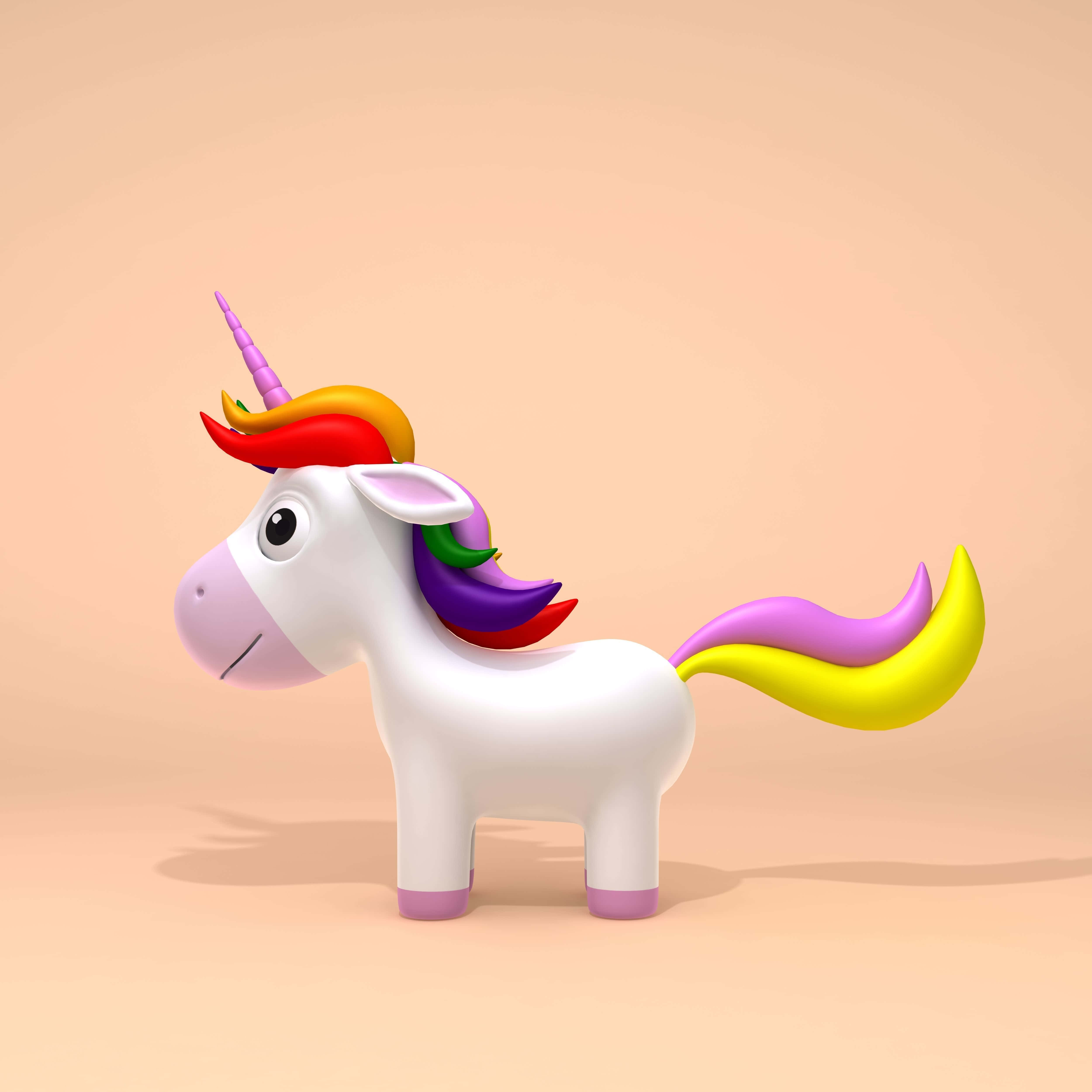 3d Unicorn 桌布 壁紙 — 一隻可愛的3D渲染白色獨角獸，帶有彩虹鬃毛、尾巴和角，站在柔和的桃色背景前。