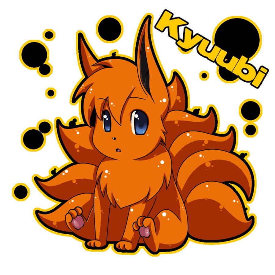 Baby Kurama 桌布 壁紙 — 一隻可愛的Q版九尾狐，擁有橙色毛髮、藍色眼睛和閃光，坐在黑色泡泡和「Kyuubi」字樣環繞之中。
