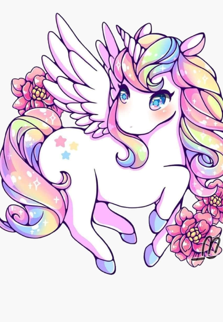 Kawaii Rainbow 桌布 壁紙 — 一隻可愛的Q版風格有翼獨角獸，擁有彩虹鬃毛和尾巴以及星星斑點，被粉紅色花朵包圍。