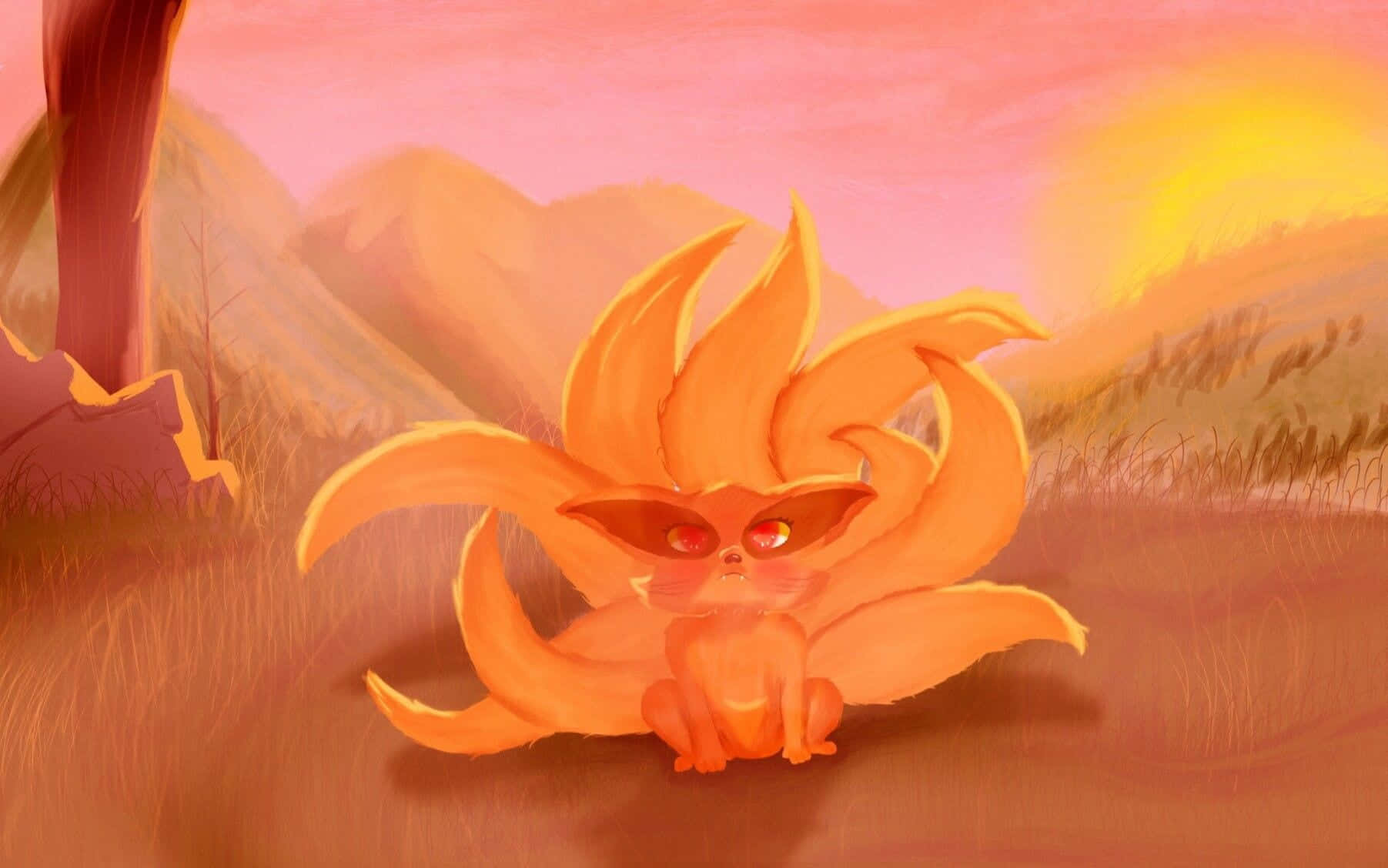 Baby Kurama 桌布 壁紙 — 一隻可愛的九尾狐，眼睛發出紅光，坐在夕陽下的草地上，背景有山巒。