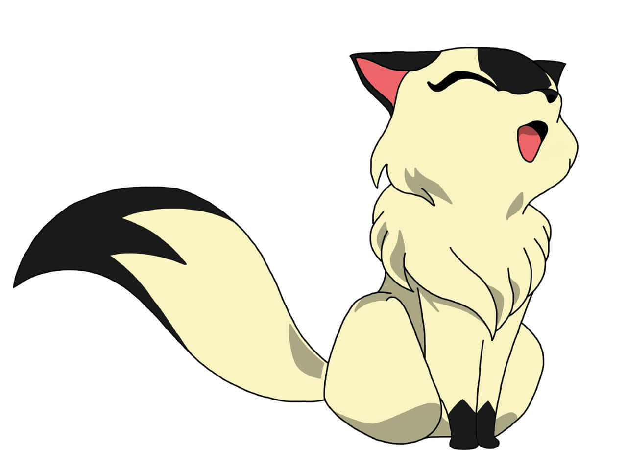 Inuyasha Nekomata 桌布 壁紙 — 一隻可愛的動漫風格奶油色和黑色貓咪，粉紅色內耳，張大嘴巴打呵欠，坐直身體。