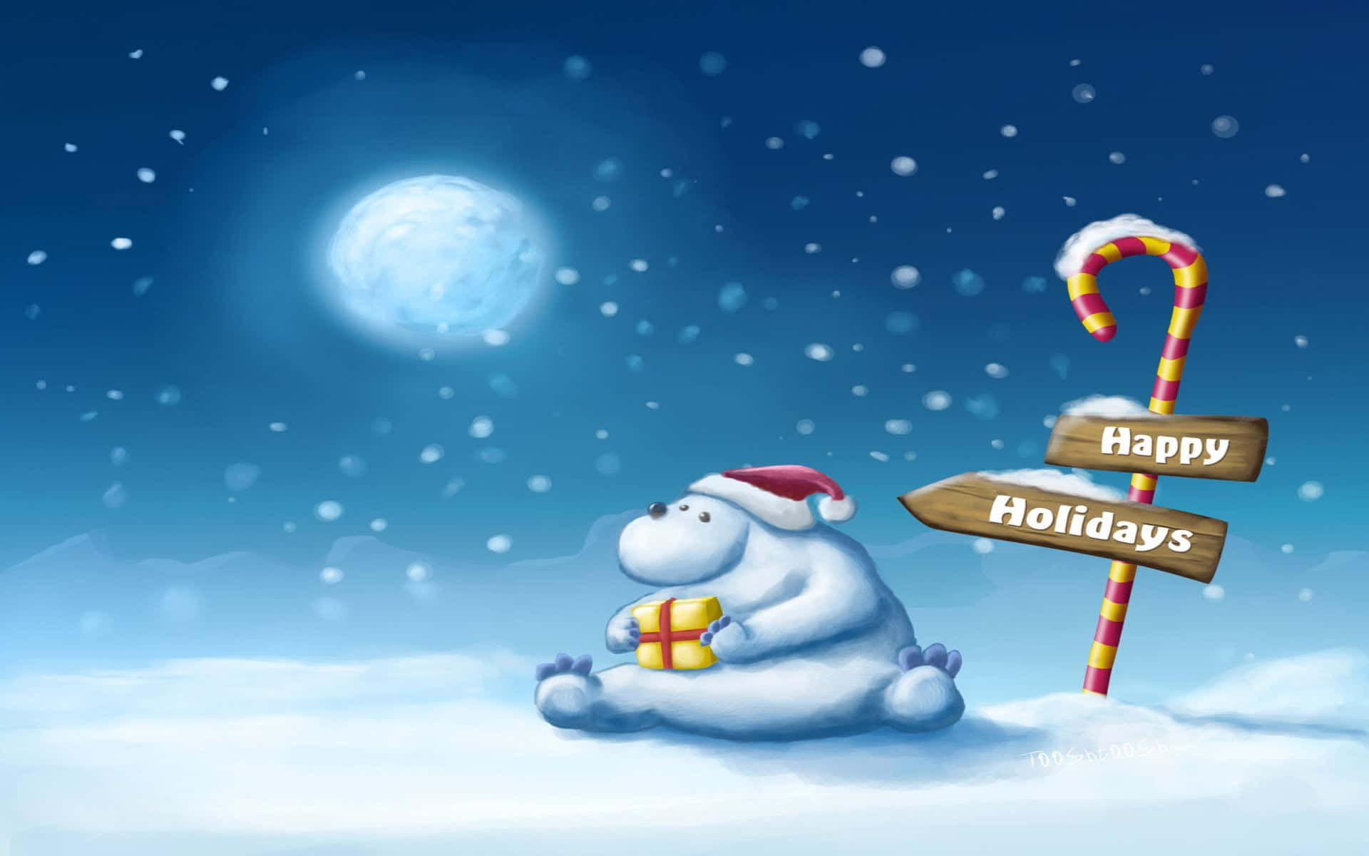 Winter Holiday 桌布 壁紙 — 一隻可愛的北極熊戴著聖誕帽，在雪月夜空下，拿著禮物站在寫著「佳節快樂」的拐杖糖標誌旁。