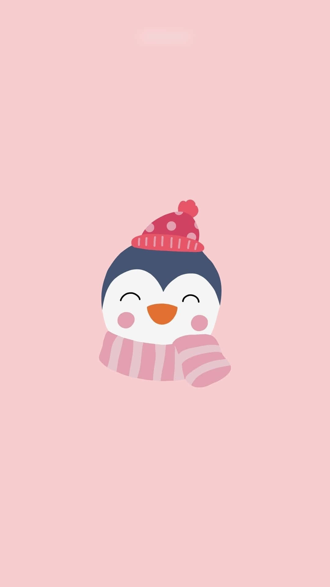 可愛少女風gif 桌布 壁紙 — 一隻可愛的卡通企鵝戴著粉紅色圓點帽子和條紋圍巾，在柔和的粉紅色背景上微笑。