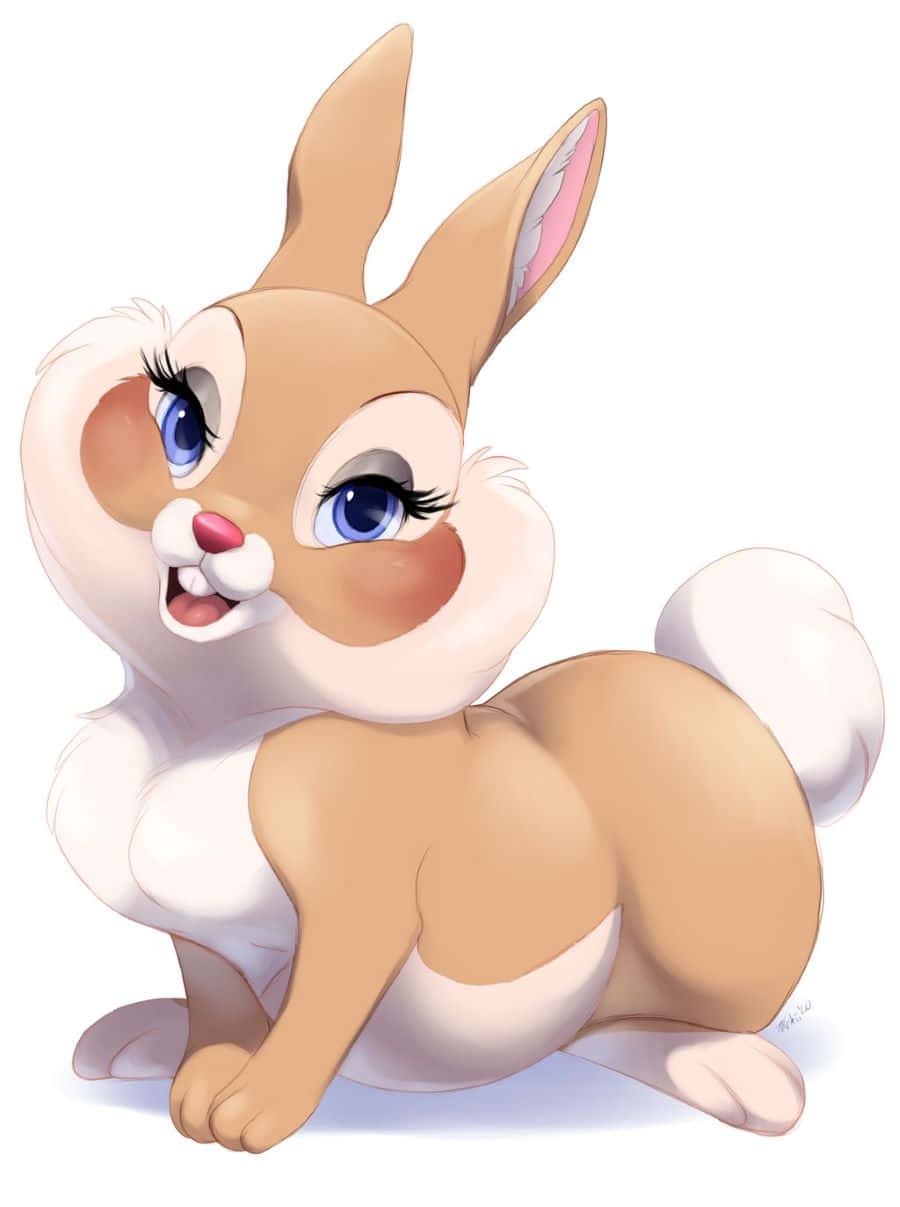 Miss Rabbit 桌布 壁紙 — 一隻可愛的卡通兔仔，有大大的藍眼睛和蓬鬆的白色胸口，開心地坐在純白色背景前。