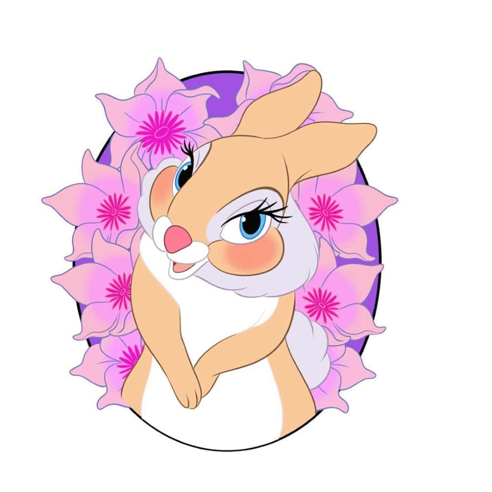 Miss Rabbit 桌布 壁紙 — 一隻可愛的卡通兔仔，藍眼睛、粉紅臉頰，坐在紫色圓形框架內，被粉紅花朵包圍。