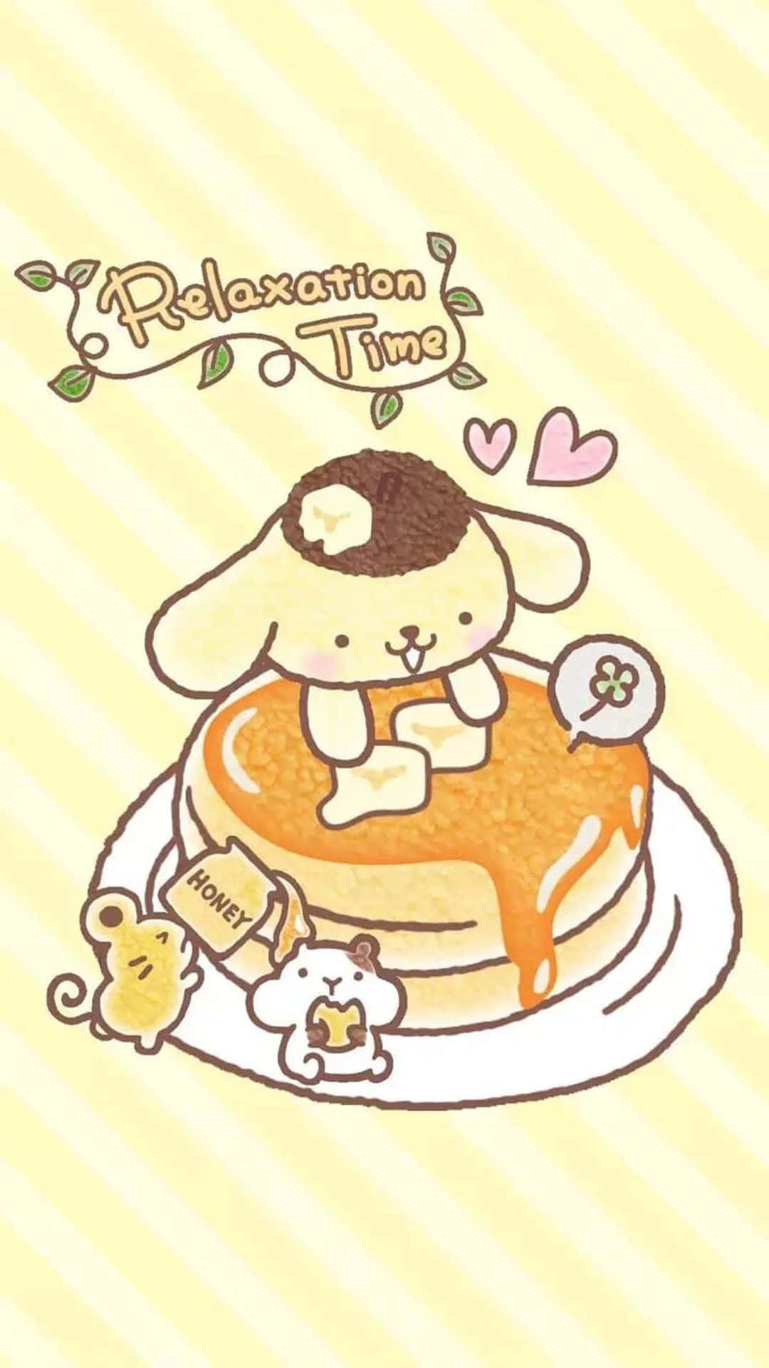Cute Kawaii Japanese Characters 桌布 壁紙 — 一隻可愛的卡通兔仔坐在一堆蜂蜜釉面班戟上面，附近有細小老鼠，背景係柔和嘅黃色條紋。