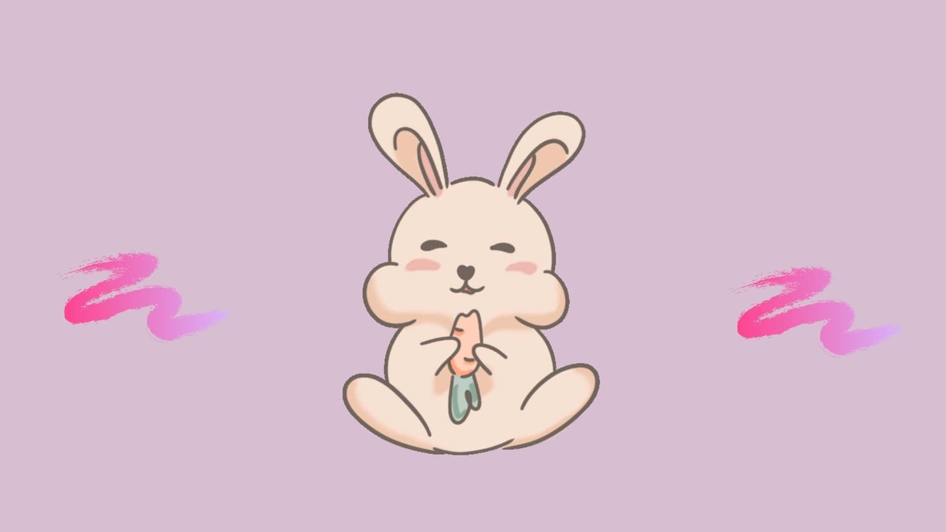 Pink Bunny 桌布 壁紙 — 一隻可愛的卡通兔仔平靜地坐著，手持一個細小的綠色物體，背景是帶有粉紅色漩渦的柔和薰衣草色。