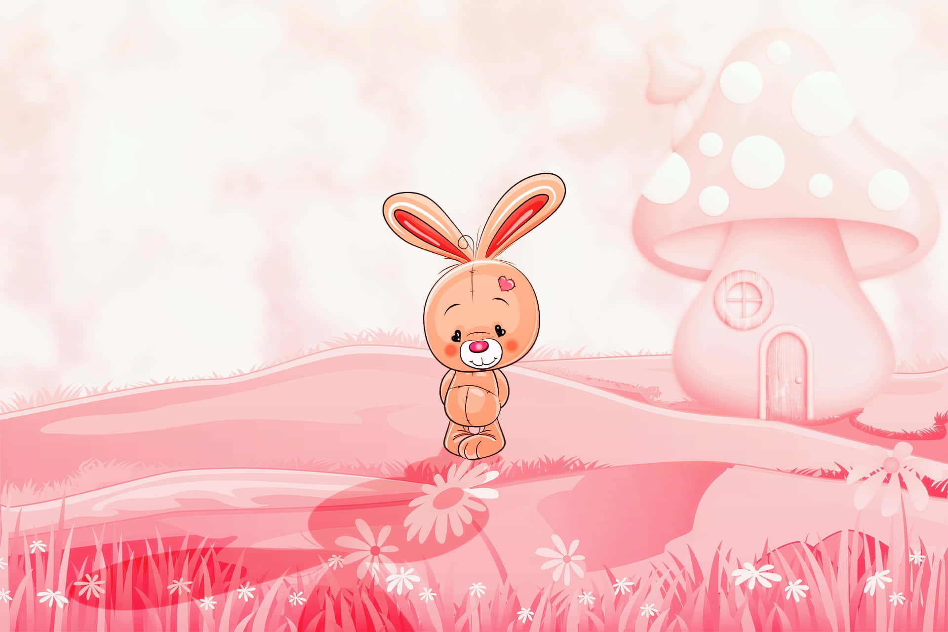 Kawaii Bunny 桌布 壁紙 — 一隻可愛的卡通兔仔站在柔軟的粉紅色草地上，旁邊係一間夢幻嘅蘑菇屋，天空充滿夢幻色彩。