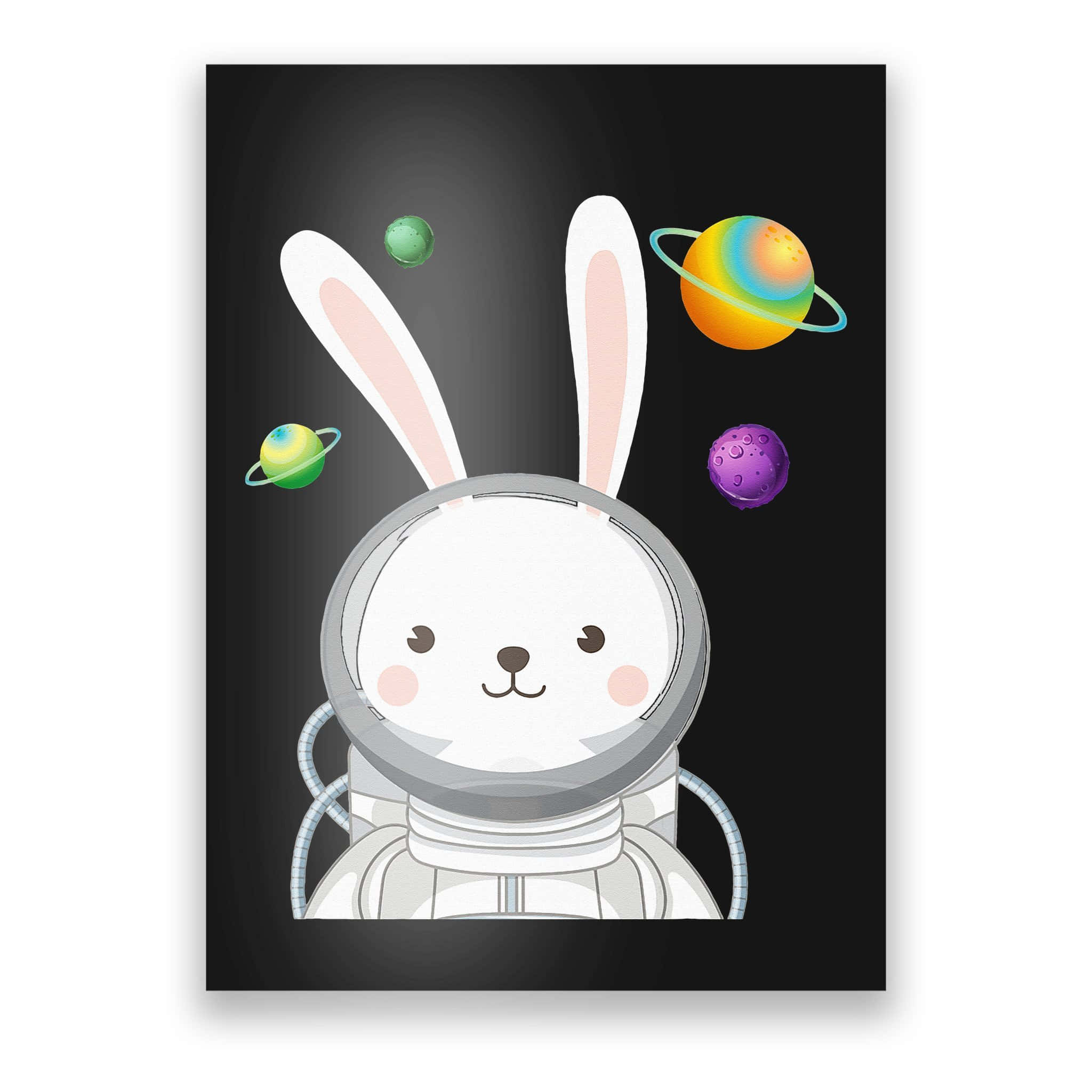 Kawaii Space 桌布 壁紙 — 一隻可愛的卡通兔子太空人在黑暗背景中漂浮在太空，周圍環繞著色彩繽紛的行星。