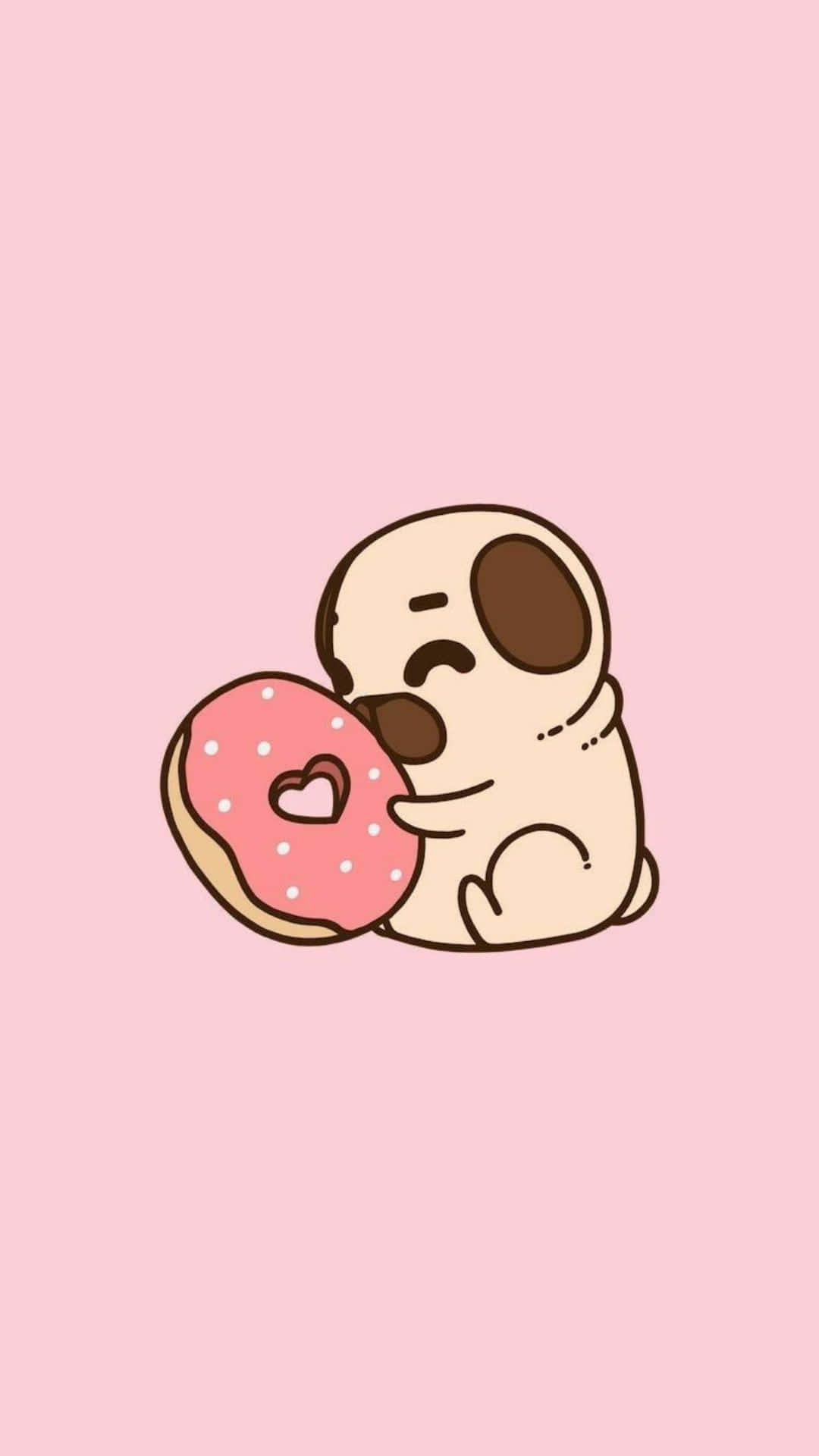 Kawaii Cartoon 桌布 壁紙 — 一隻可愛的卡通八哥犬在柔和的粉紅色背景前擁抱一個帶有白色糖粒的粉紅色糖霜甜甜圈。