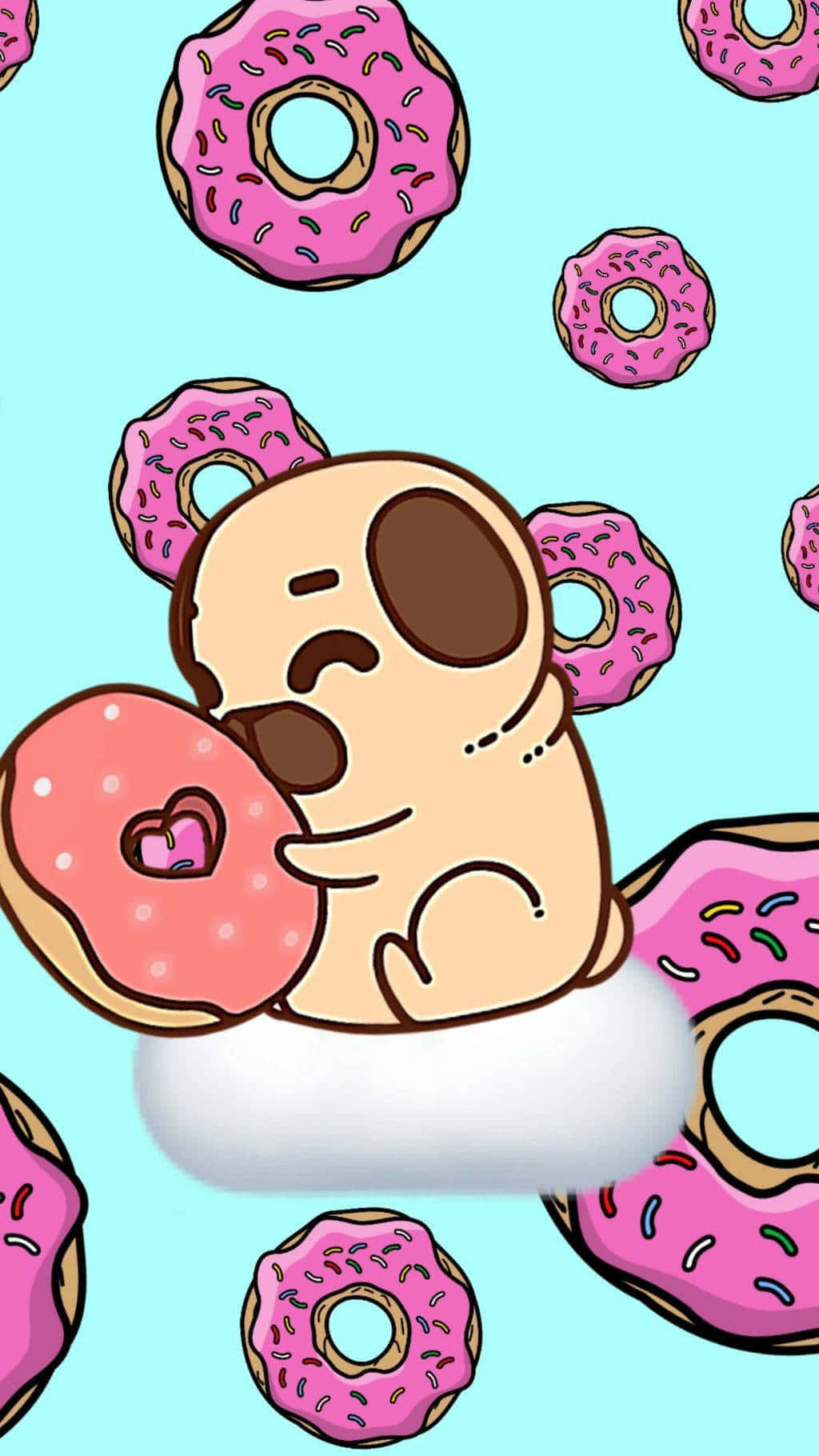 Cute Donut 桌布 壁紙 — 一隻可愛的卡通八哥犬坐在雲上，開心地在淺藍色背景上拿著一個有彩色糖粒的粉紅色糖霜甜甜圈。