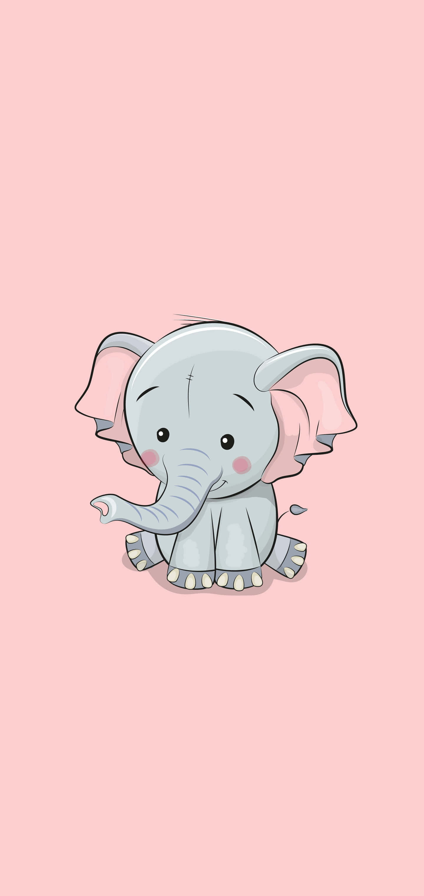 Kawaii Elephant 桌布 壁紙 — 一隻可愛的卡通大象，有粉紅色的耳朵和臉頰，坐在柔和的粉紅色背景中央。