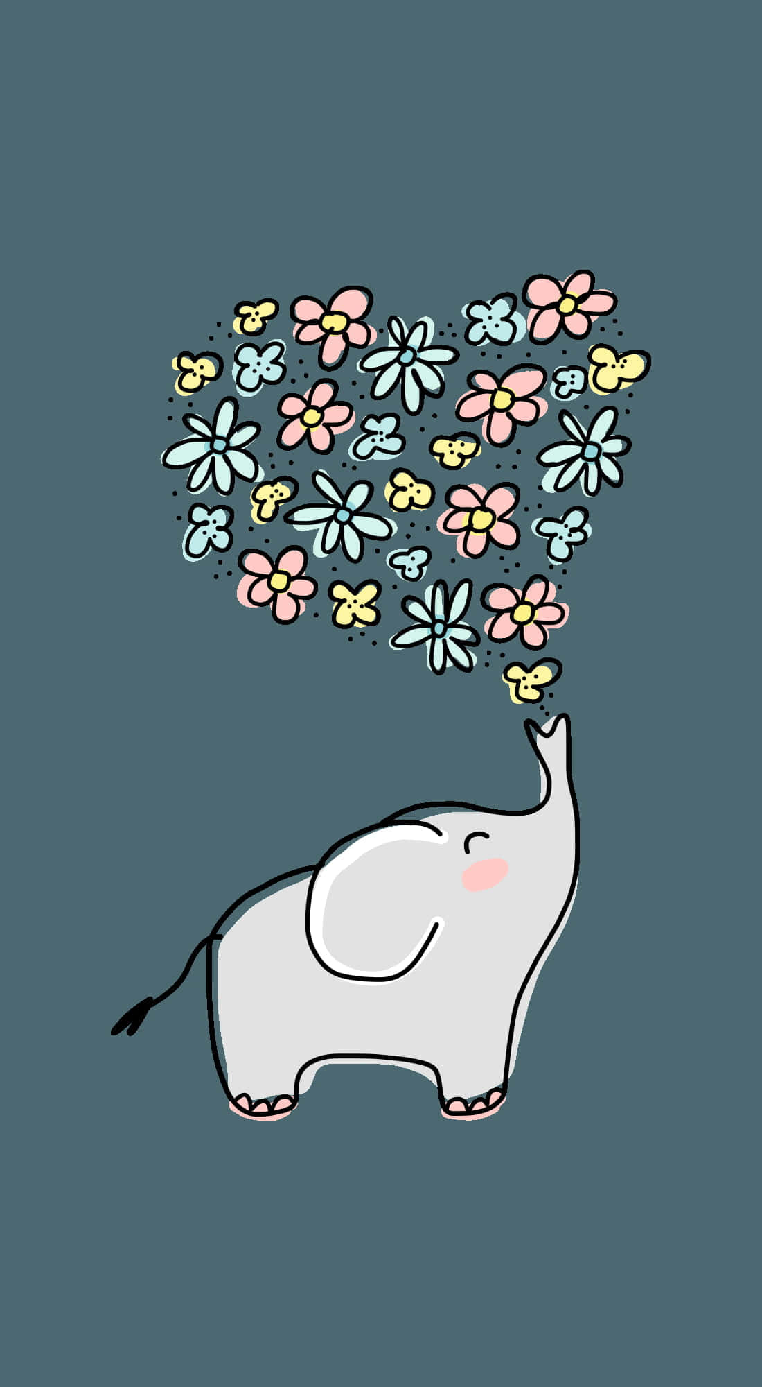 Kawaii Elephant 桌布 壁紙 — 一隻可愛的卡通大象在柔和的青綠色背景上吹出一個由彩色花朵組成的心形雲。