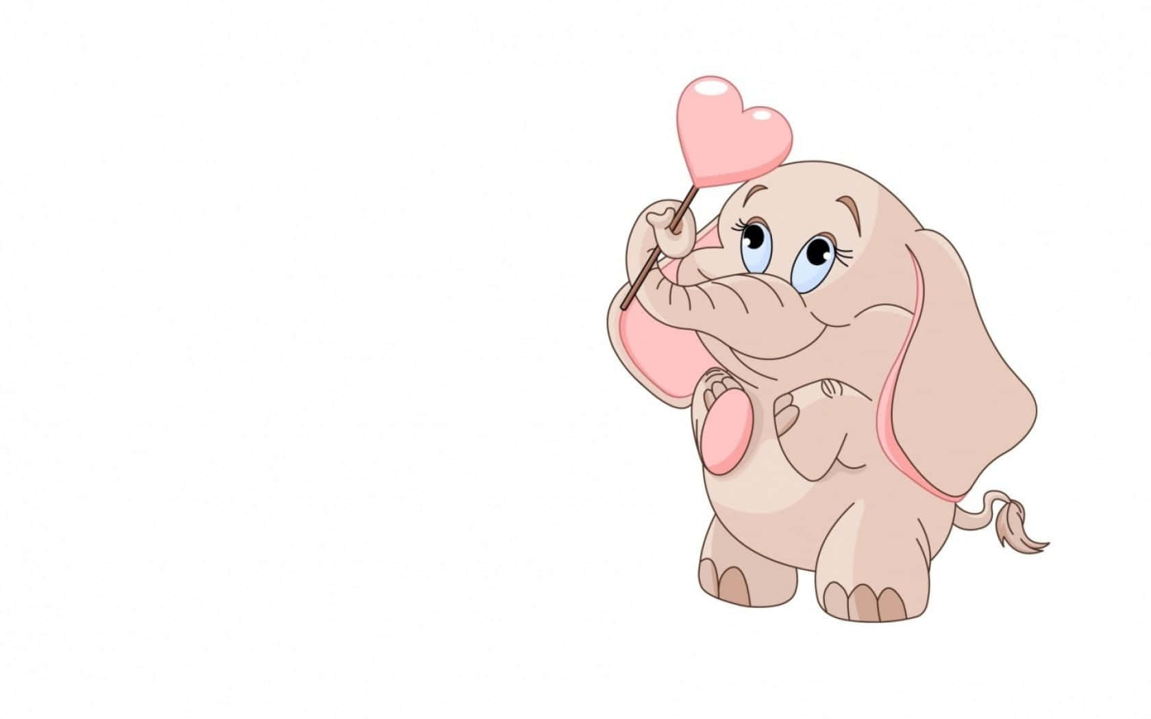 Kawaii Elephant 桌布 壁紙 — 一隻可愛的卡通大象拿著粉紅色心形棒棒糖，有著大大的藍色眼睛和甜美的笑容，背景是純白色。