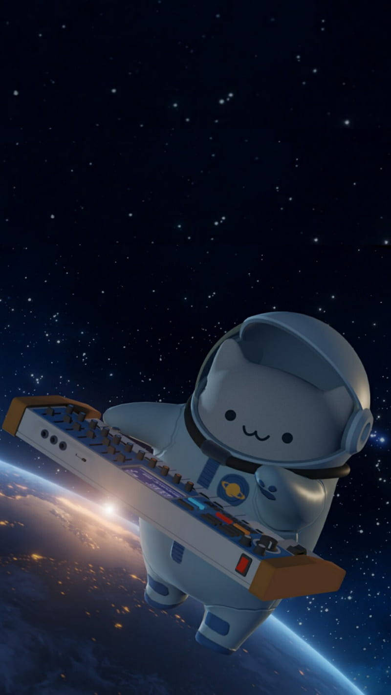太空人 桌布 壁紙 — 一隻可愛的卡通太空貓漂浮在太空中，拿著鍵盤，下方是發光的地球。