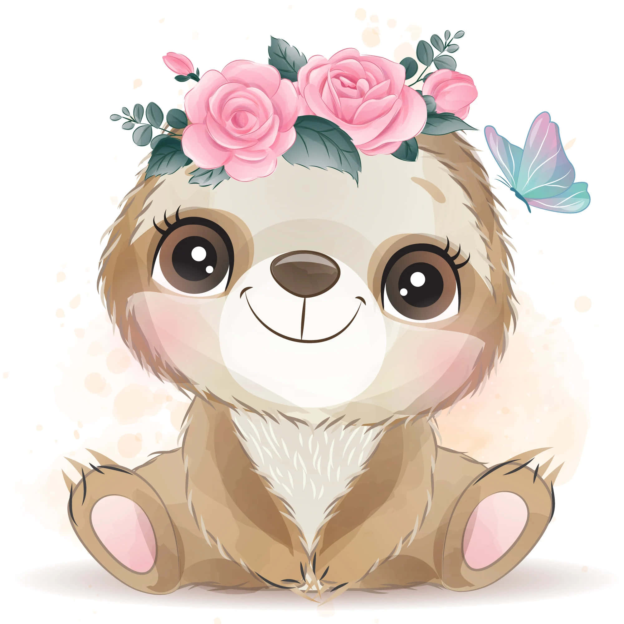 Kawaii Sloth 桌布 壁紙 — 一隻可愛的卡通樹懶，大眼睛戴著花冠，微笑著，旁邊有蝴蝶飛舞。
