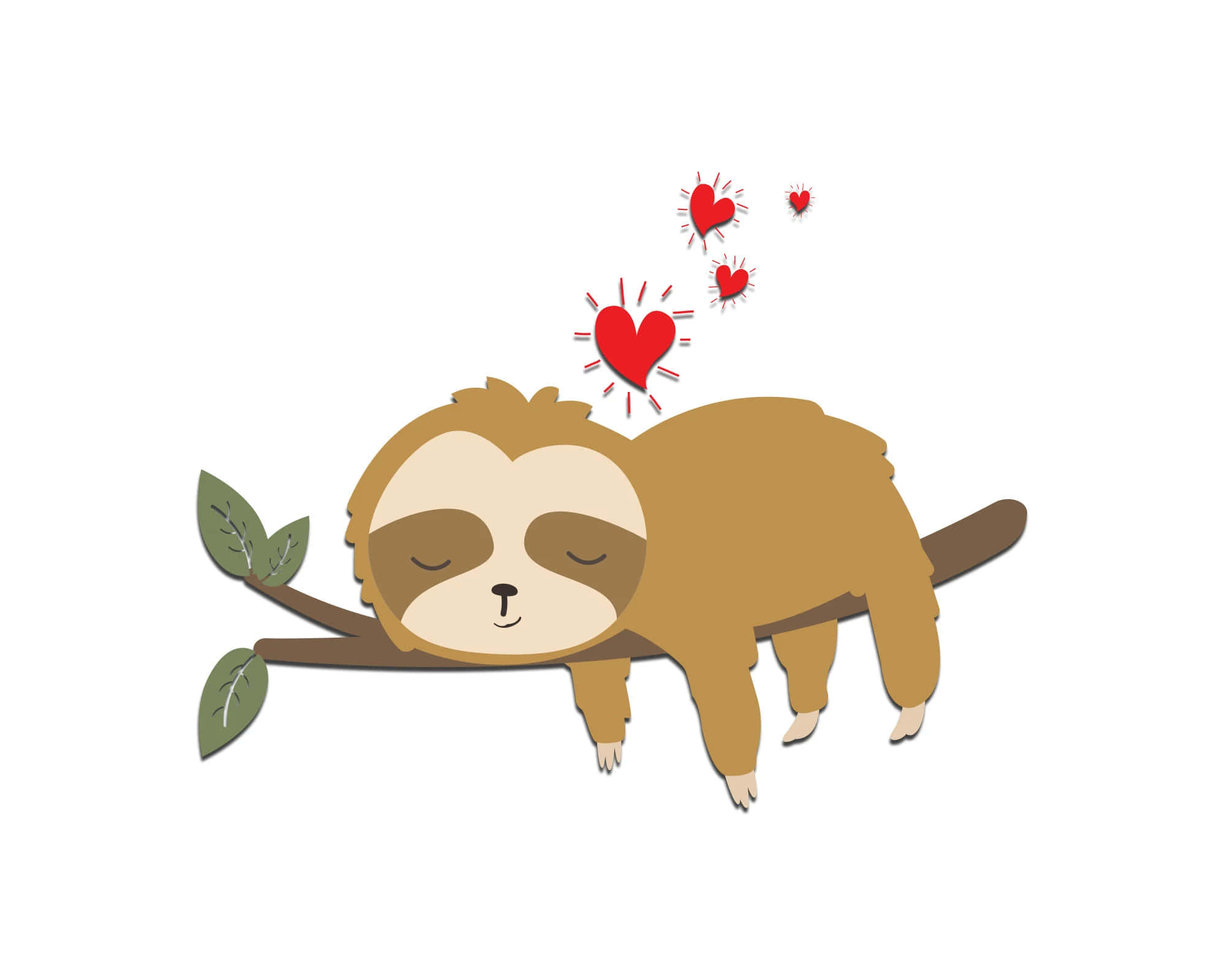 Kawaii Sloth 桌布 壁紙 — 一隻可愛的卡通樹懶在樹枝上安詳地睡覺，頭頂上漂浮著紅色心形。
