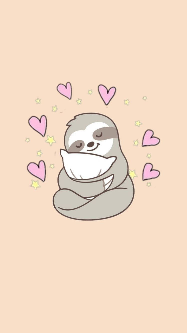 A Baby Sloth's Adorable Hug Session 壁紙 — 一隻可愛的卡通樹懶擁抱自己，粉紅色的心形和黃色的星星在柔和的桃色背景上漂浮。