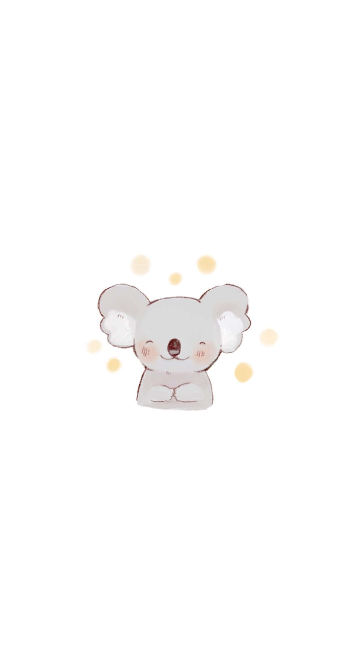 Cute White 桌布 壁紙 — 一隻可愛的卡通樹熊，閉著眼睛，臉頰泛紅，被柔和的黃色閃光包圍在白色背景上。