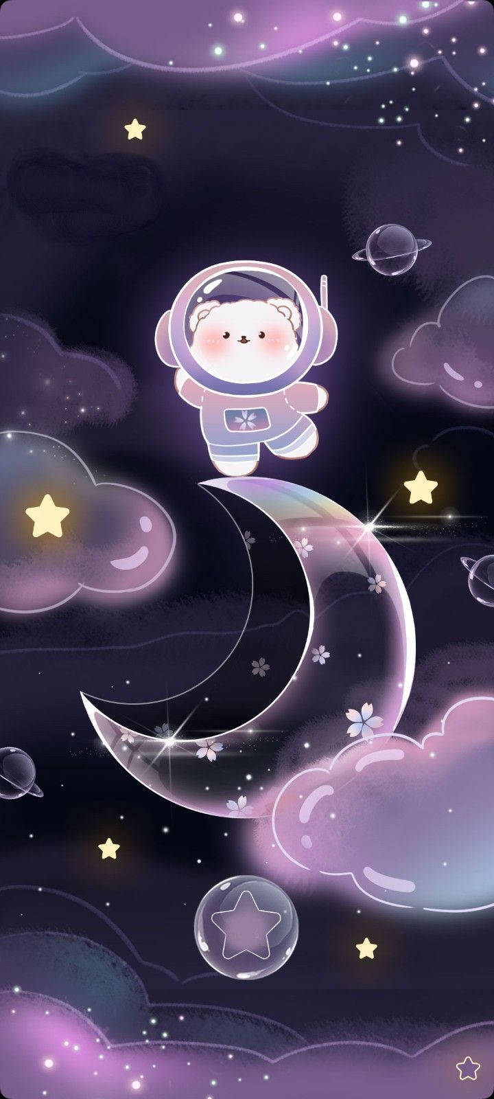 Purple Aesthetic Phone 桌布 壁紙 — 一隻可愛的卡通熊太空人漂浮在發光的彎月之上，周圍環繞著紫色雲朵和閃爍的星星。