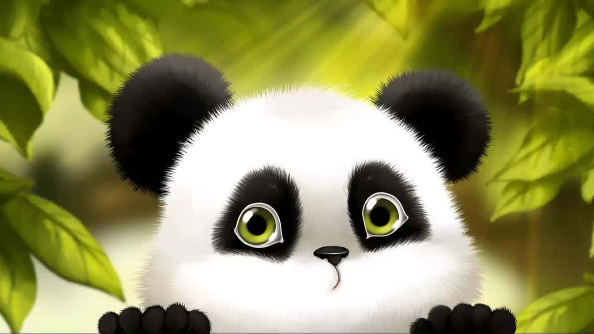 Kawaii Panda 桌布 壁紙 — 一隻可愛的卡通熊貓，有著明亮的綠色眼睛，從森林中茂密的綠葉後面探出頭來。