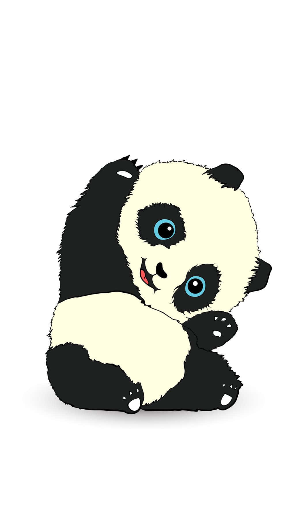 Kawaii Panda 桌布 壁紙 — 一隻可愛的卡通熊貓，藍色眼睛，坐在純白色背景上擁抱自己。