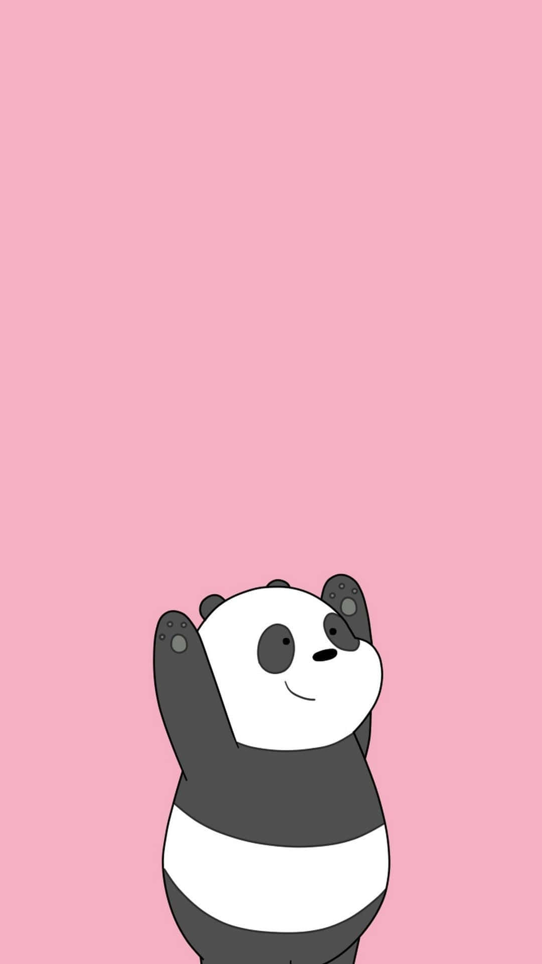 Kawaii Cartoon 桌布 壁紙 — 一隻可愛的卡通熊貓，黑白毛髮，在純粉紅色背景上微笑並舉起爪子。