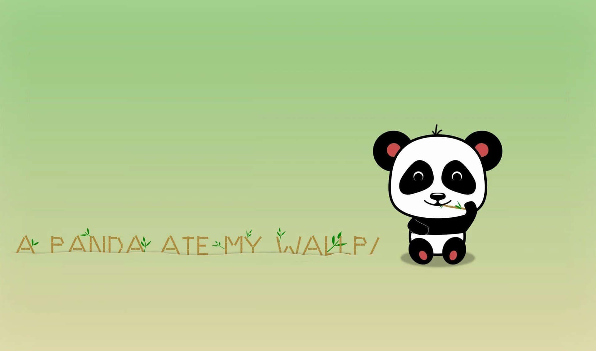 Kawaii Panda 桌布 壁紙 — 一隻可愛的卡通熊貓在柔和的綠色漸變背景上，於文字「A PANDA ATE MY WALLPAPER」旁邊咀嚼竹子。