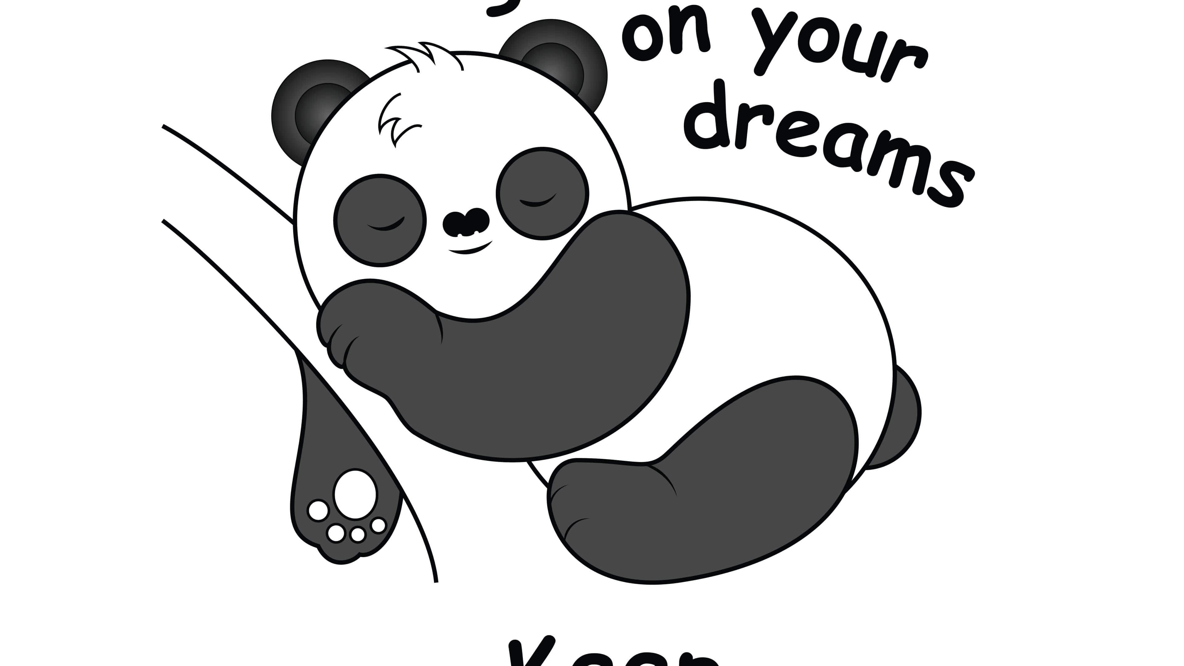 Sleep 桌布 壁紙 — 一隻可愛的卡通熊貓在樹枝上蜷縮著安詳入睡，並附有鼓勵追夢的文字。
